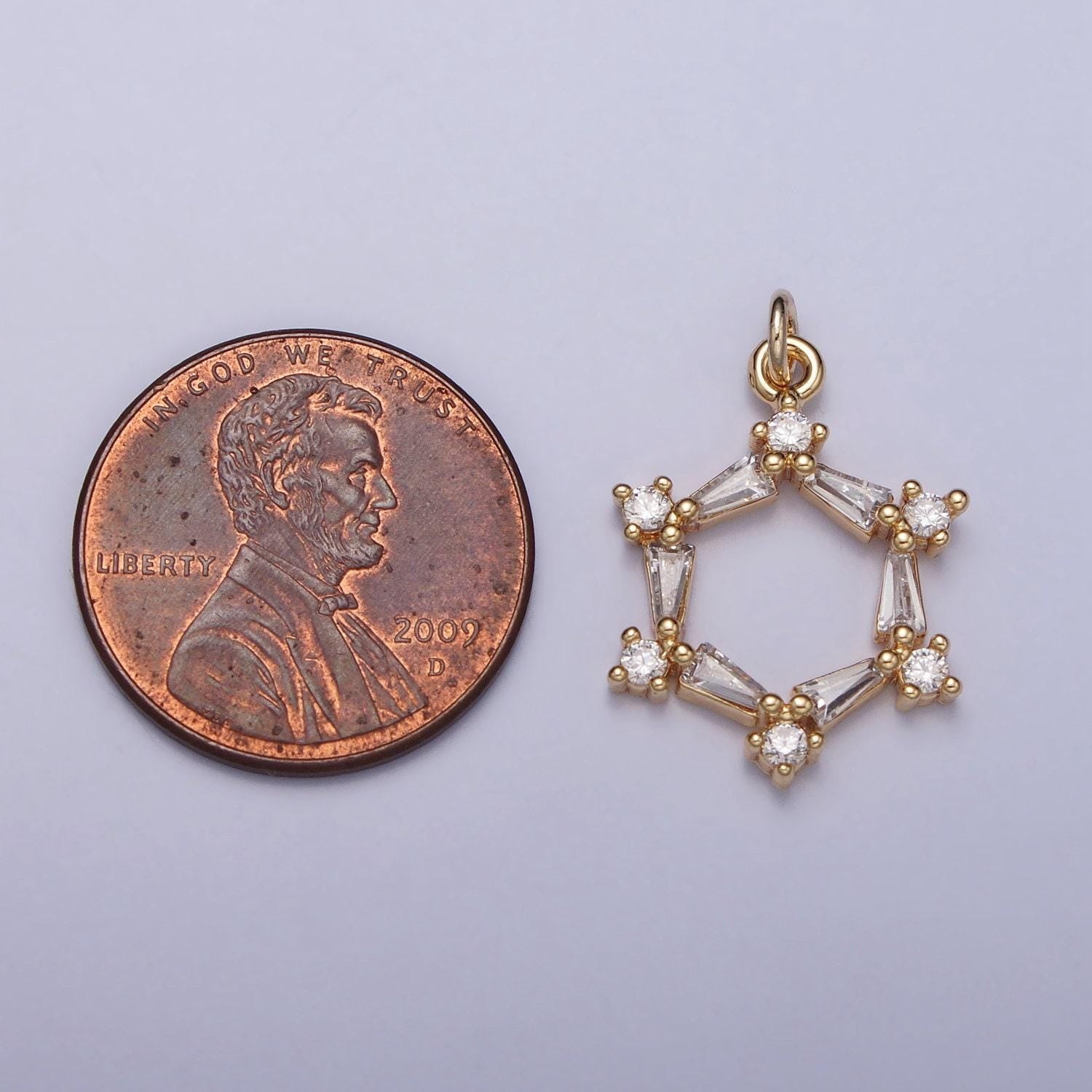 Clear baguette round cz hexagonal open geometric charm in gold & silver | ac353