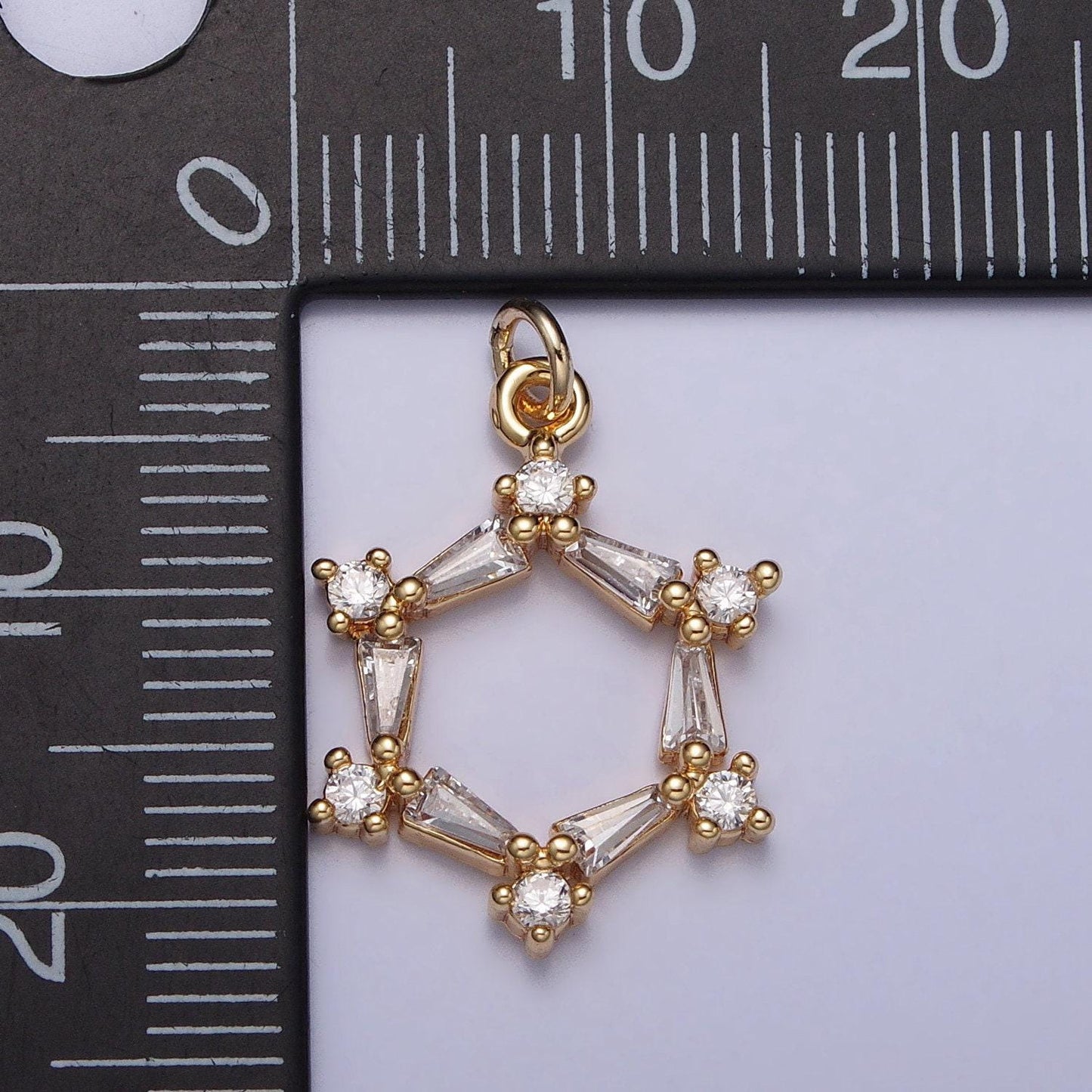 Clear baguette round cz hexagonal open geometric charm in gold & silver | ac353