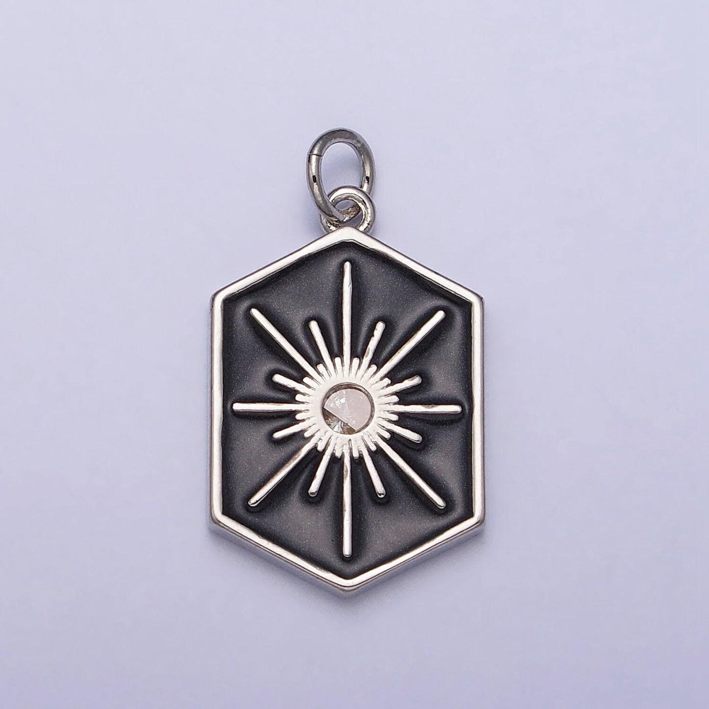 Dainty gold hexagon medallion pendant gold sunburst charm necklace bracelet enamel celestial jewelry inspired silver sun cz charm ac320