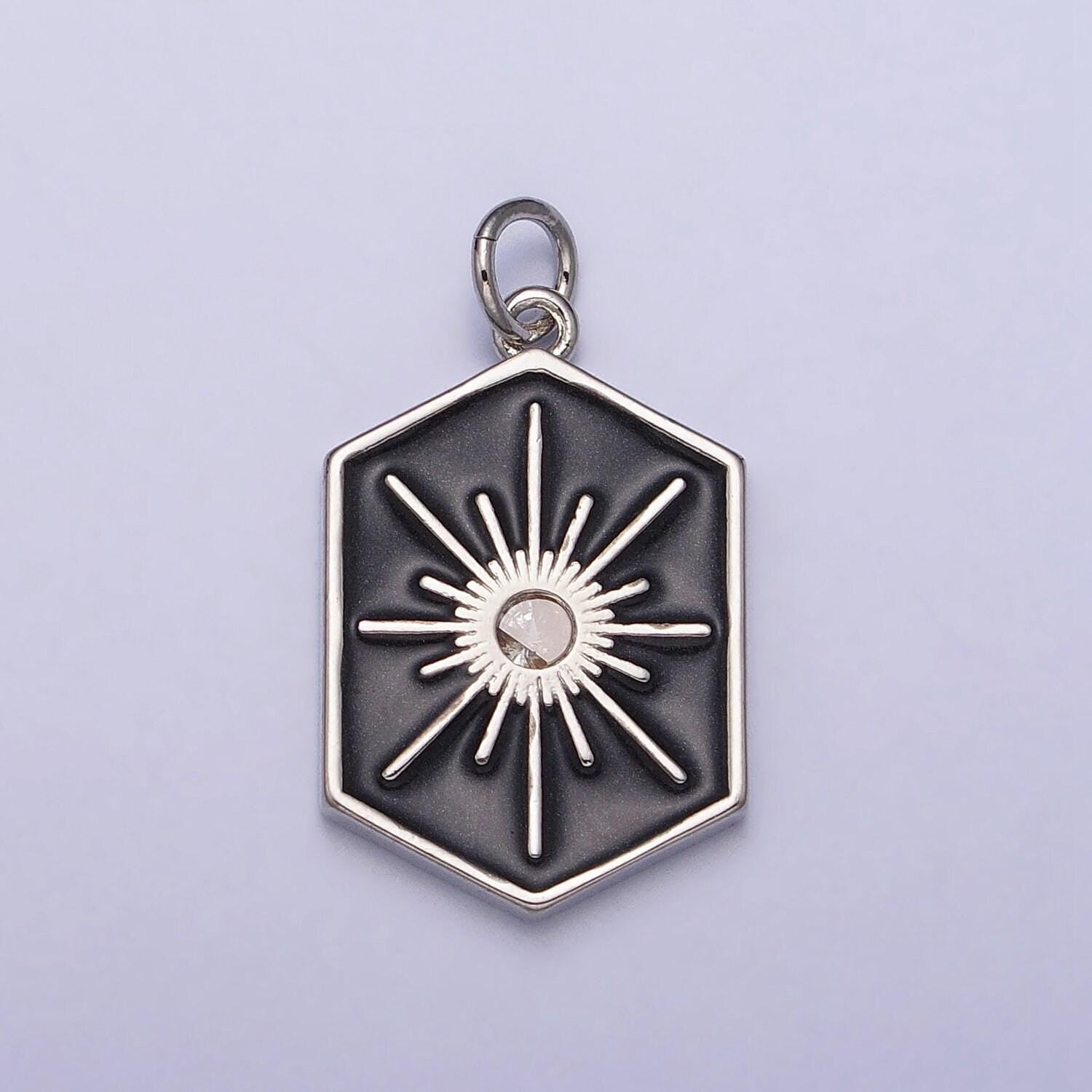 Dainty gold hexagon medallion pendant gold sunburst charm necklace bracelet enamel celestial jewelry inspired silver sun cz charm ac320