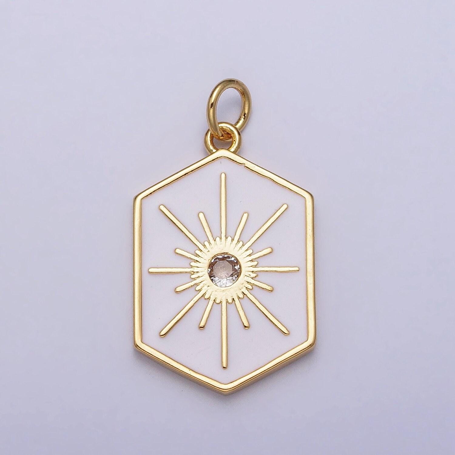 Dainty gold hexagon medallion pendant gold sunburst charm necklace bracelet enamel celestial jewelry inspired silver sun cz charm ac320