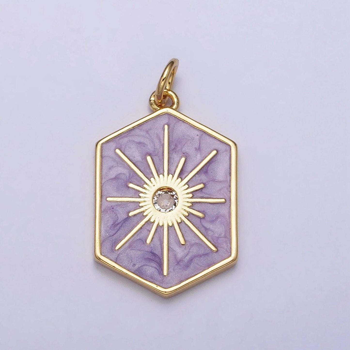 Dainty gold hexagon medallion pendant gold sunburst charm necklace bracelet enamel celestial jewelry inspired silver sun cz charm ac320
