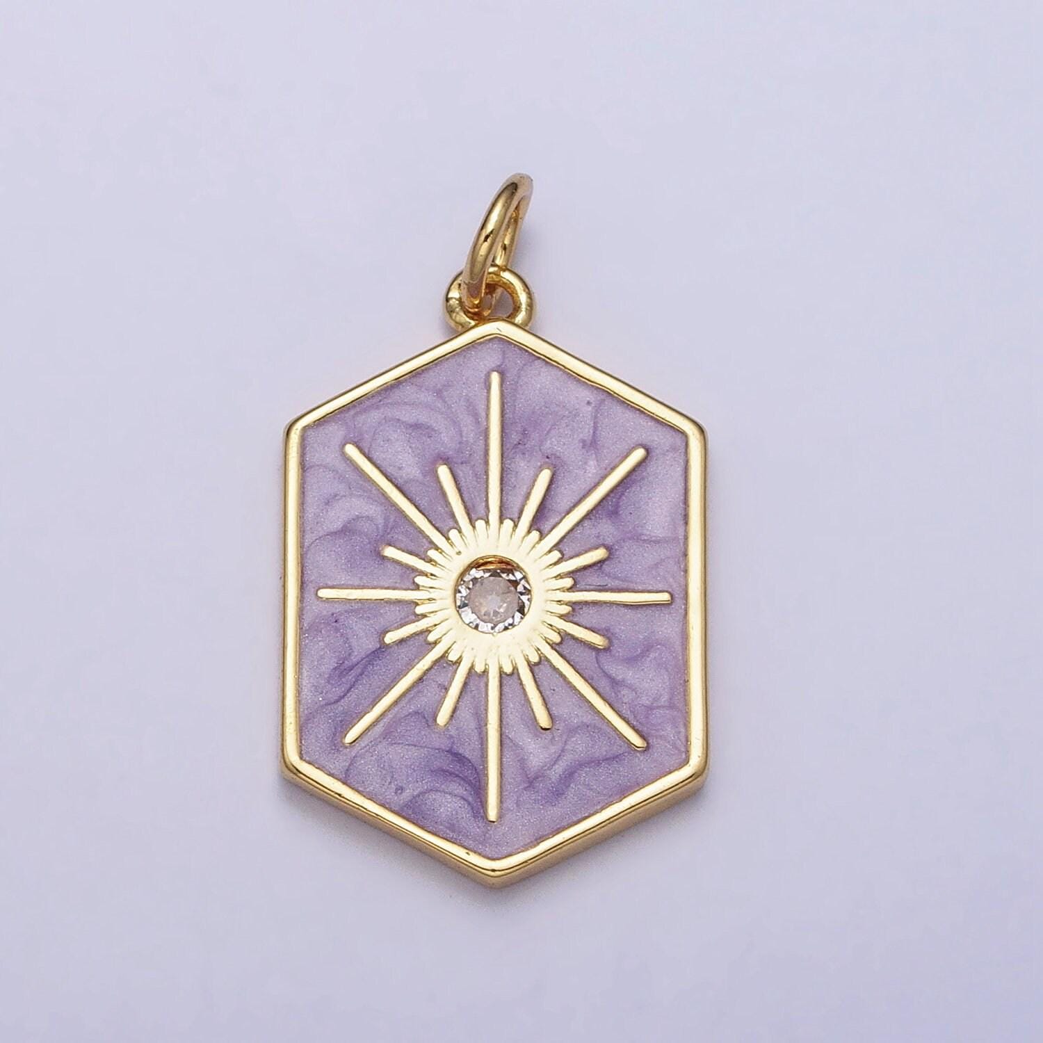 Dainty gold hexagon medallion pendant gold sunburst charm necklace bracelet enamel celestial jewelry inspired silver sun cz charm ac320
