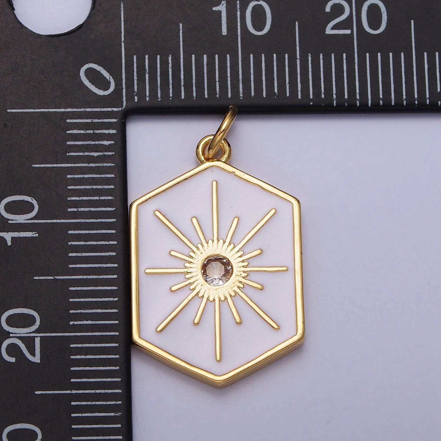 Dainty gold hexagon medallion pendant gold sunburst charm necklace bracelet enamel celestial jewelry inspired silver sun cz charm ac320