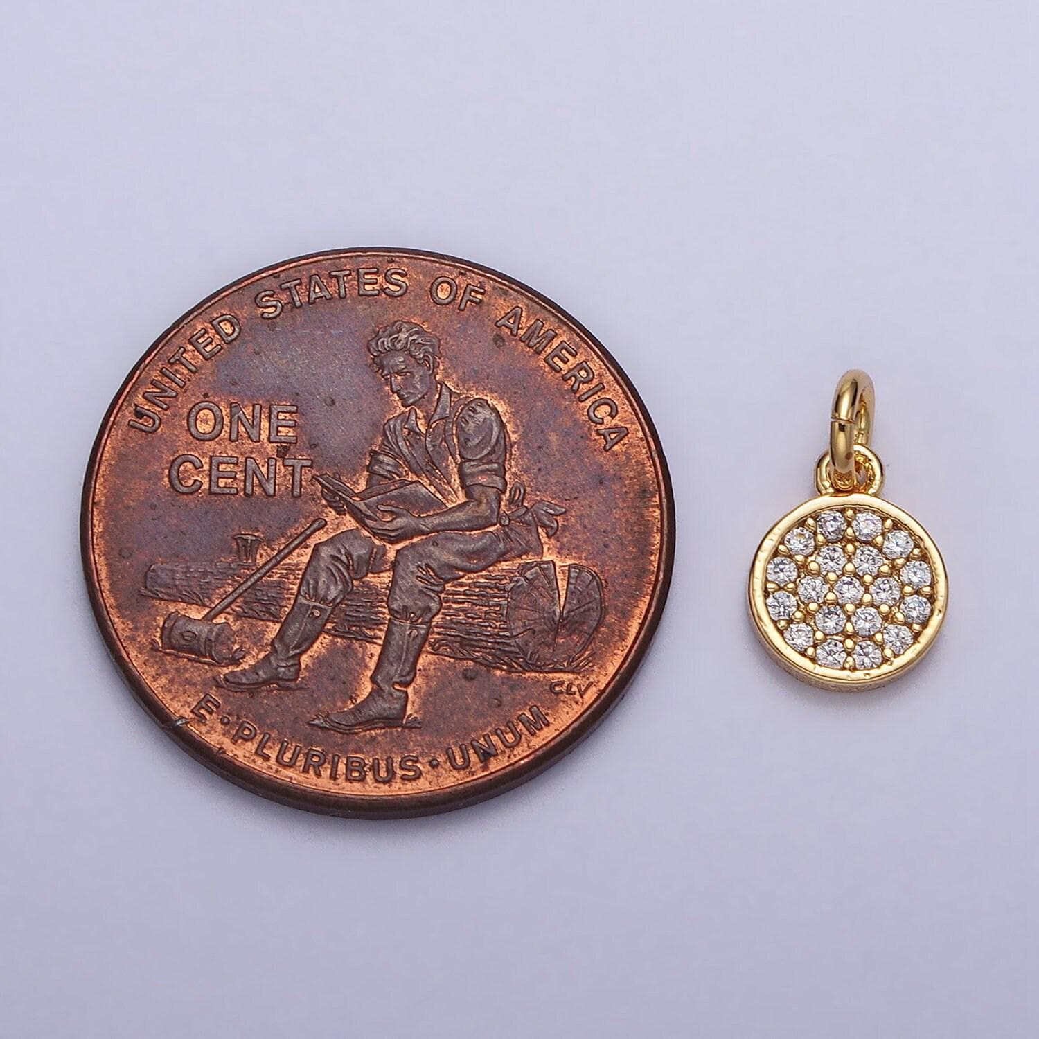 Mini cz paved gold circle charm 11x6.5mm 16k real gold plated brass, micro pave round coin pendants ac309