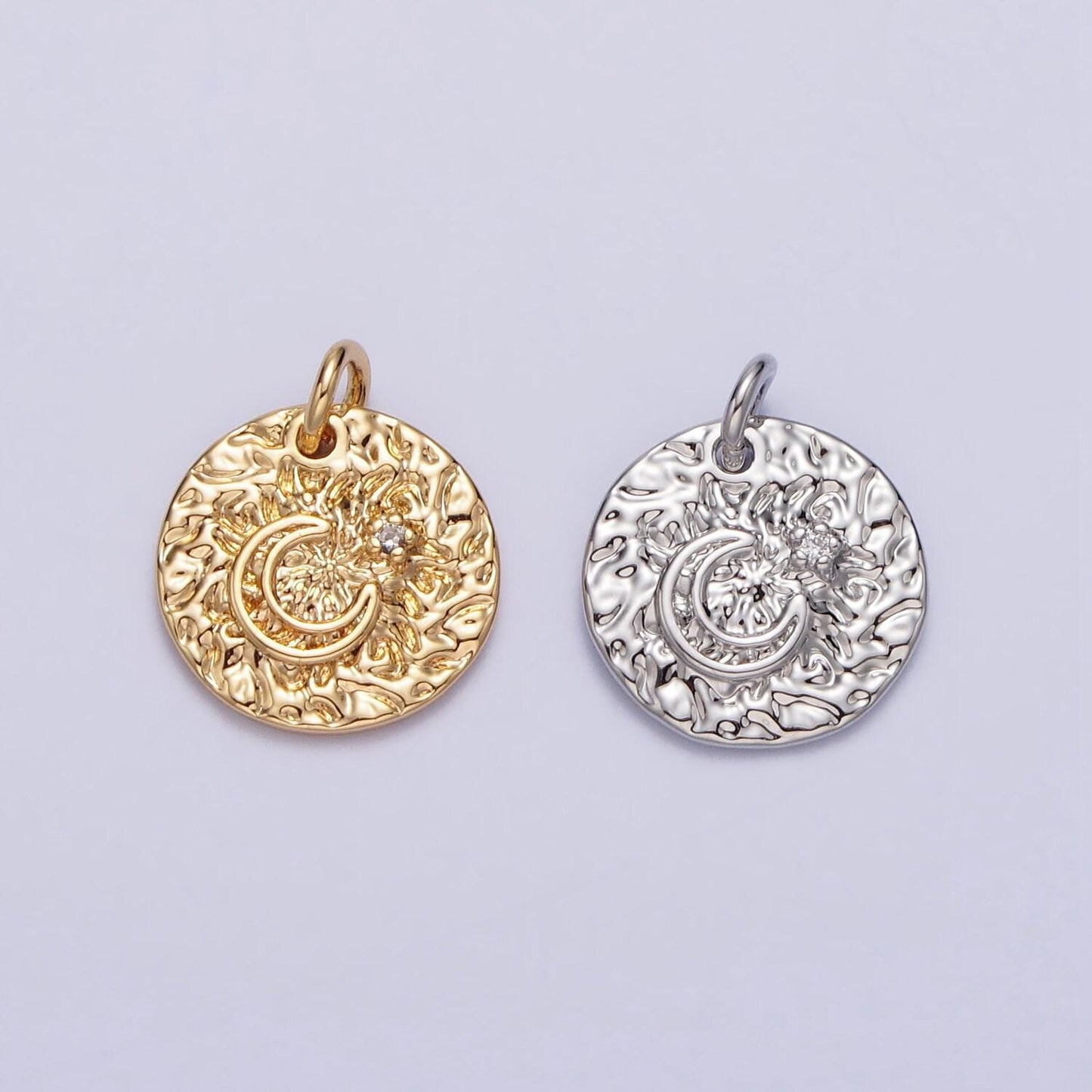 Gold hammered crescent moon pendant, 16k gold plated rustic cz star coin medallion charm | ac229