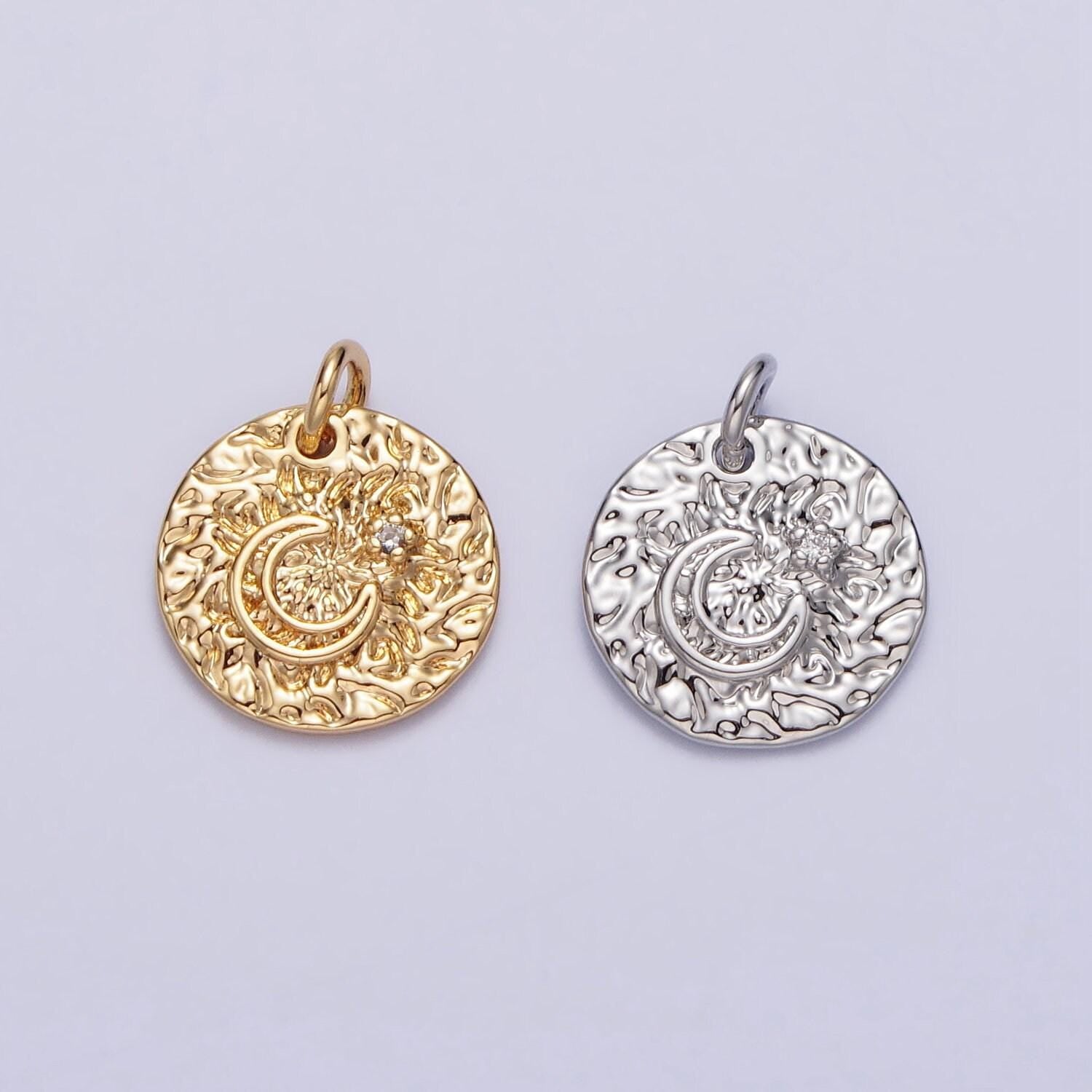 Gold hammered crescent moon pendant, 16k gold plated rustic cz star coin medallion charm | ac229