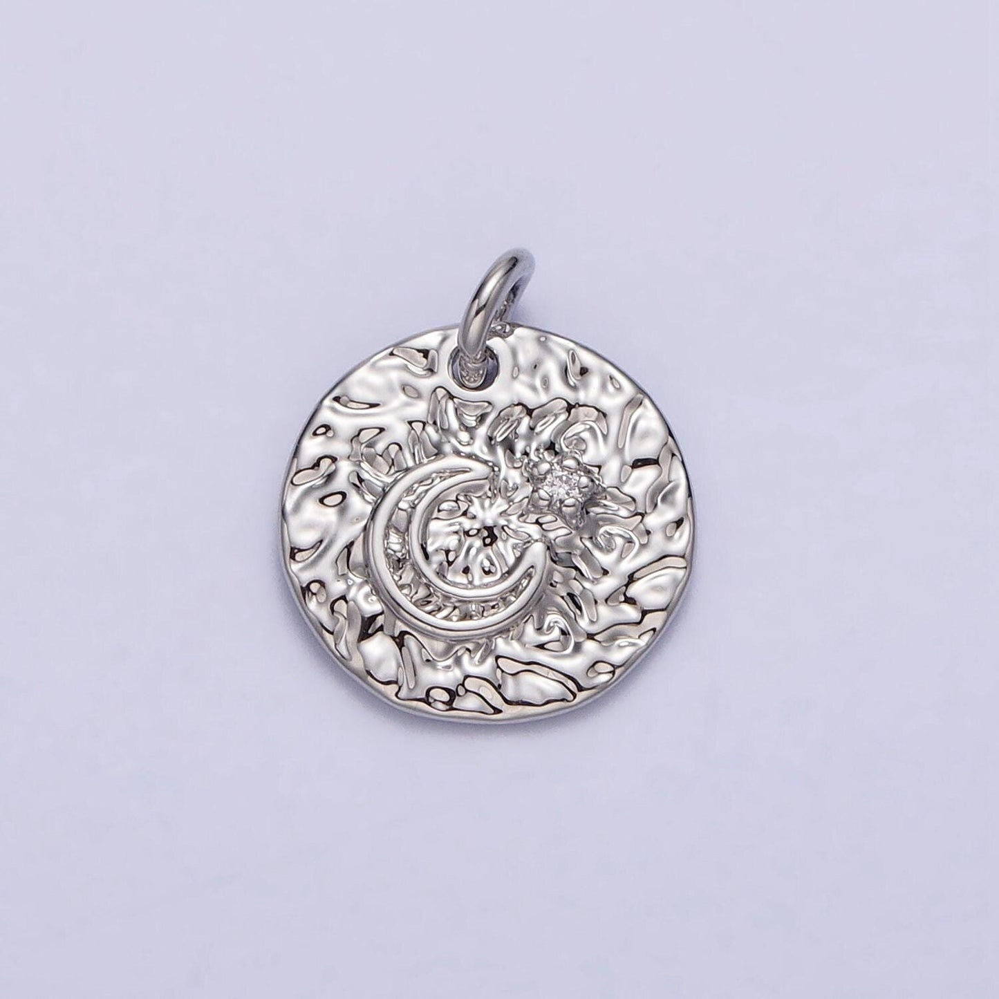 Gold hammered crescent moon pendant, 16k gold plated rustic cz star coin medallion charm | ac229
