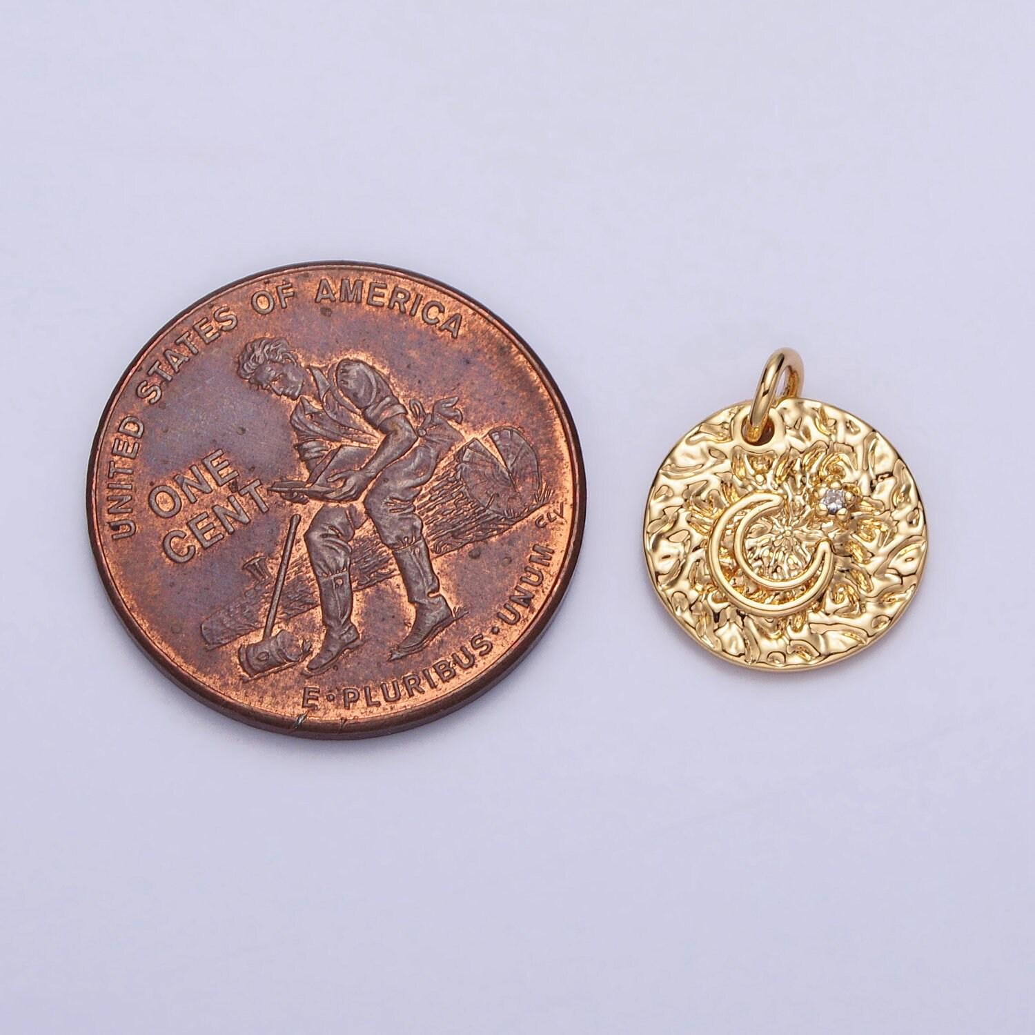 Gold hammered crescent moon pendant, 16k gold plated rustic cz star coin medallion charm | ac229
