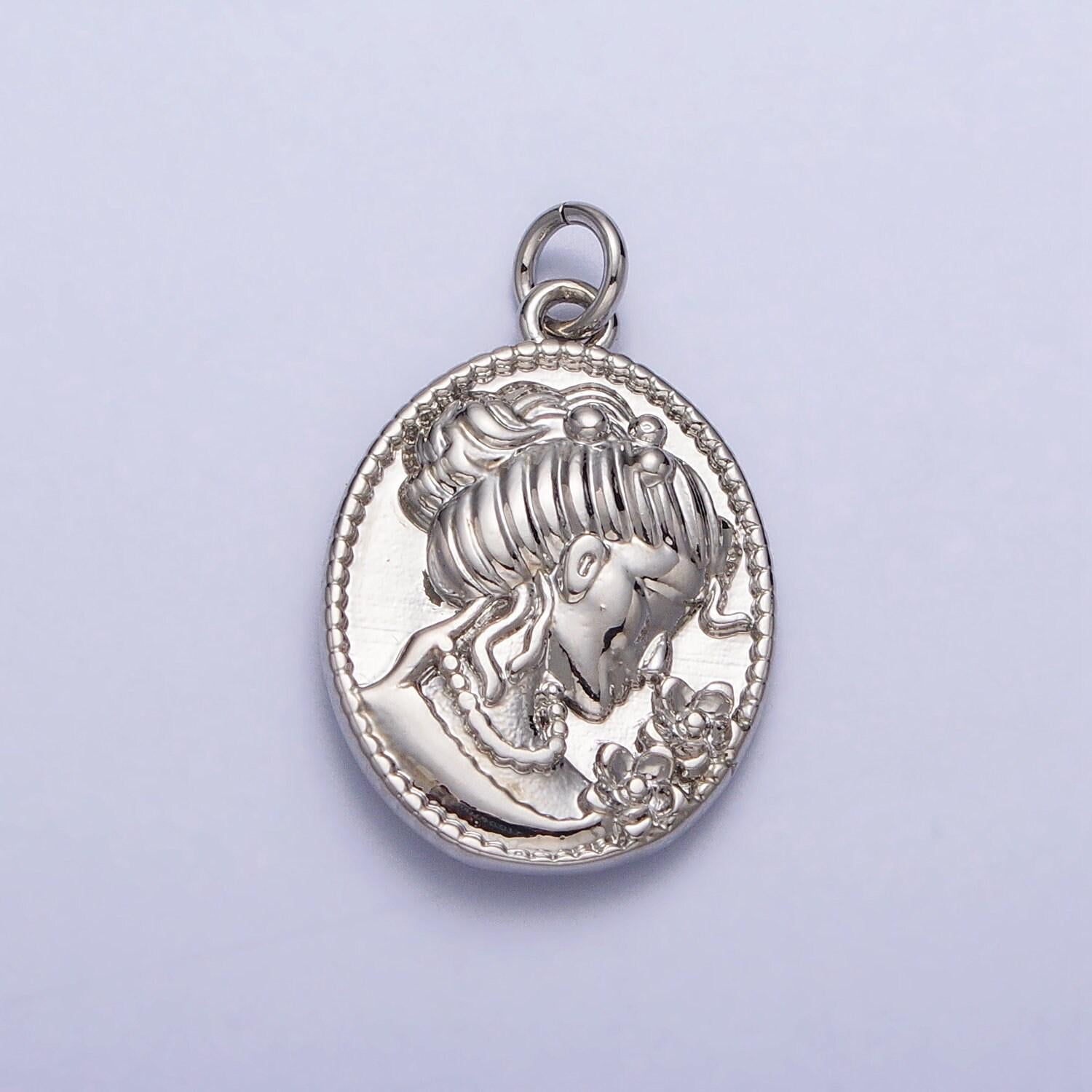 Dainty gold victorian woman cameo necklace charm silver vintage inspired romantic victorian jewelry supply ac299