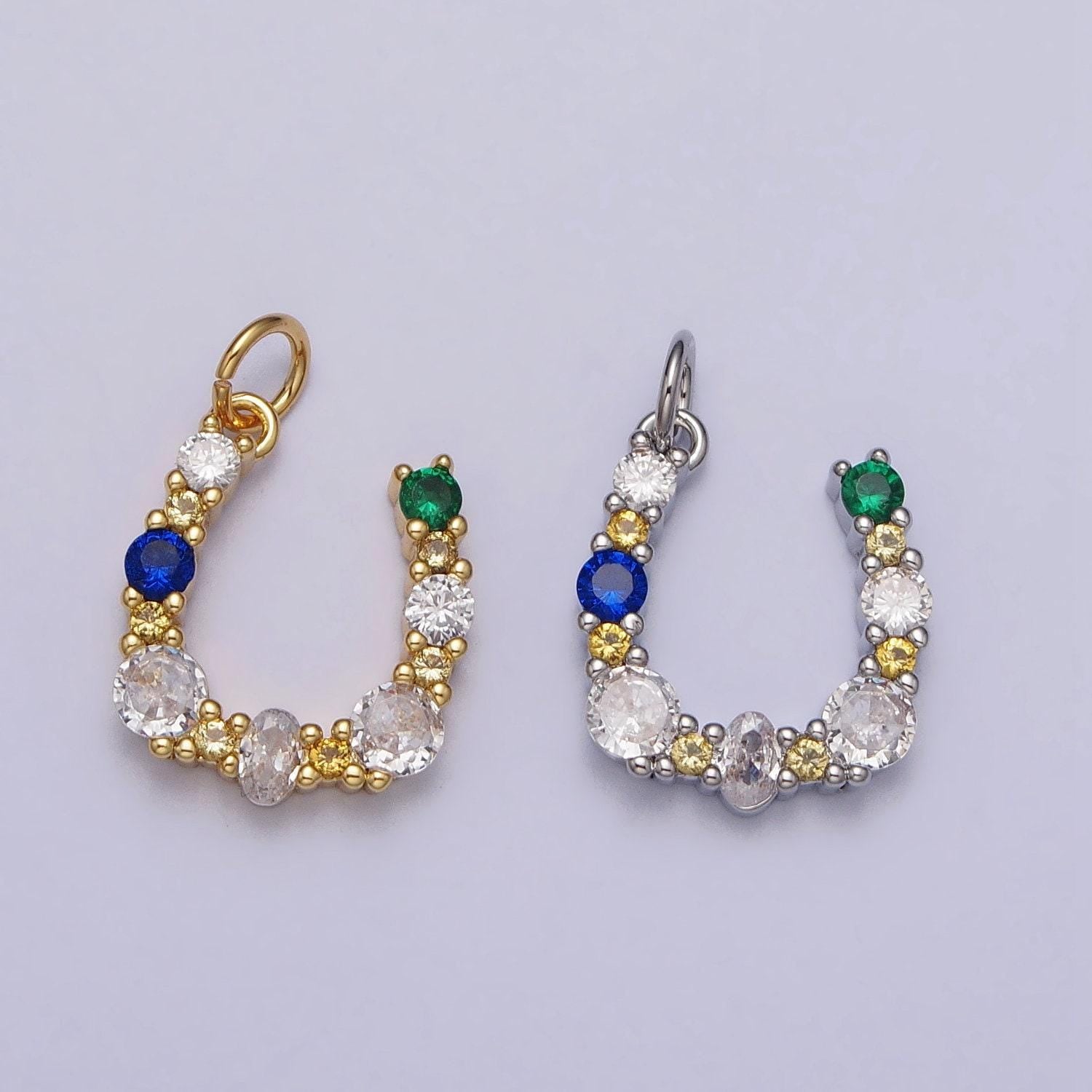 24k gold filled horseshoe u multicolor cz micro paved charm in gold & silver cubic lucky charm | ac264 ac295