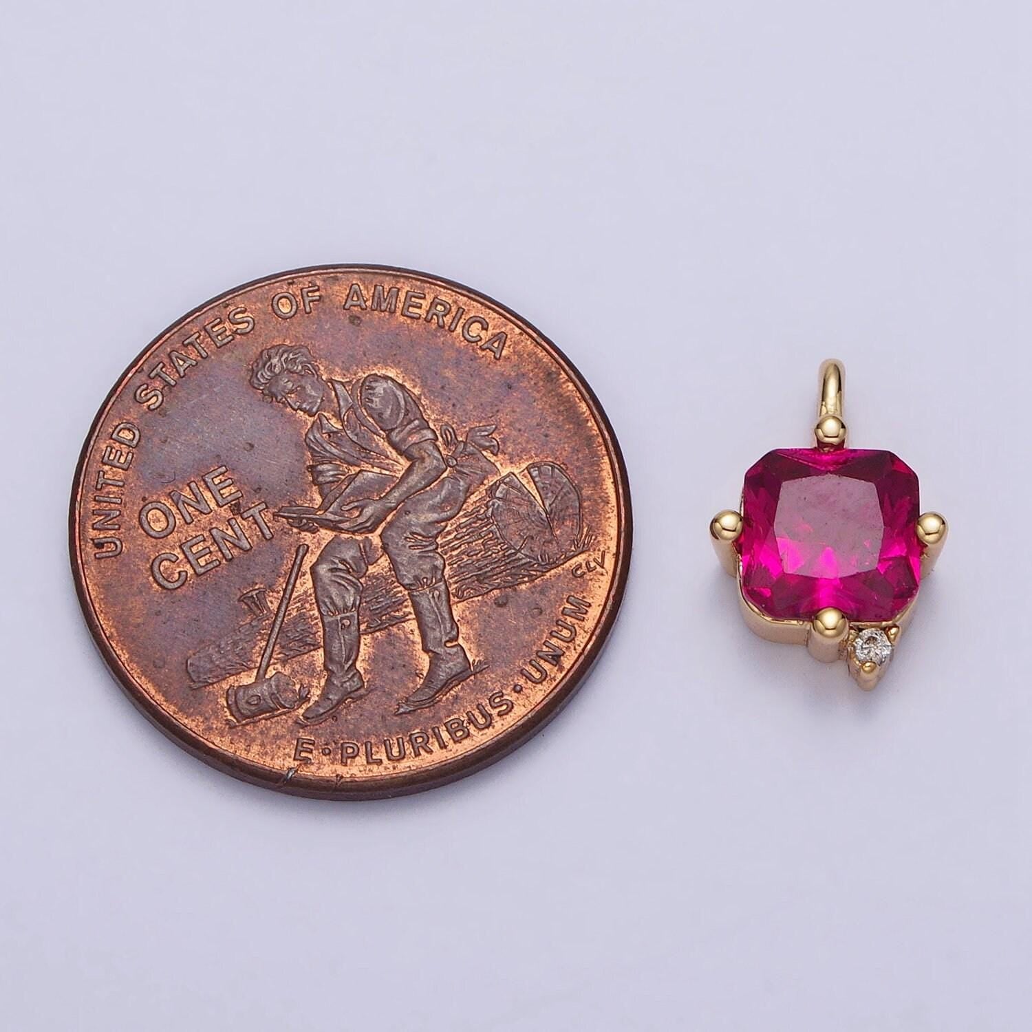 Mini square fuchsia cz cubic zirconia add-on charm in gold & silver for necklace bracelet dangle charm jewelry making supply | ac191
