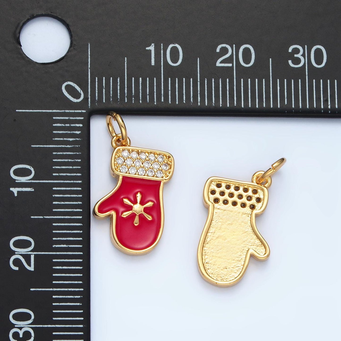 14k gold filled snow print on red mitten kids enamel charm | ac-172