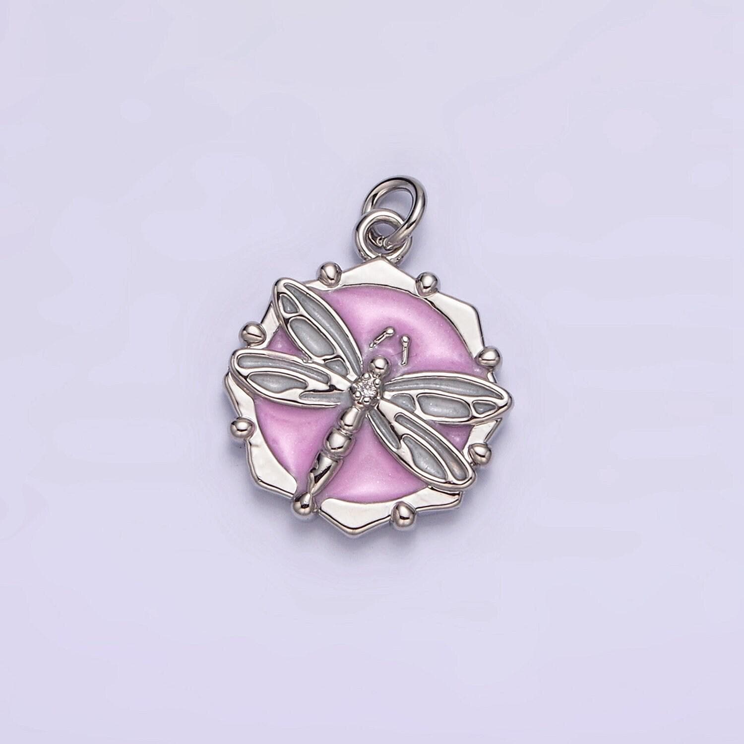 16k gold filled dragon fly white, pink, blue sparkly enamel charm insect pendant gold & silver animal charm | ac1555