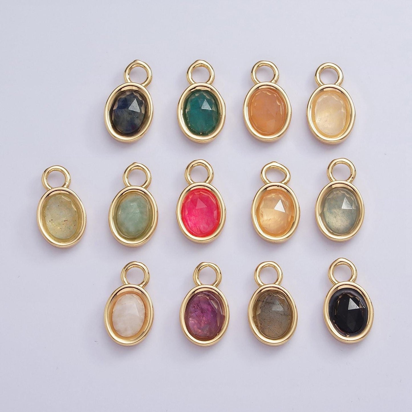 16k gold filled oval multifaceted natural gemstone personalized add-on charm birthstone charm earring bracelet supply | ac1479 - ac1491
