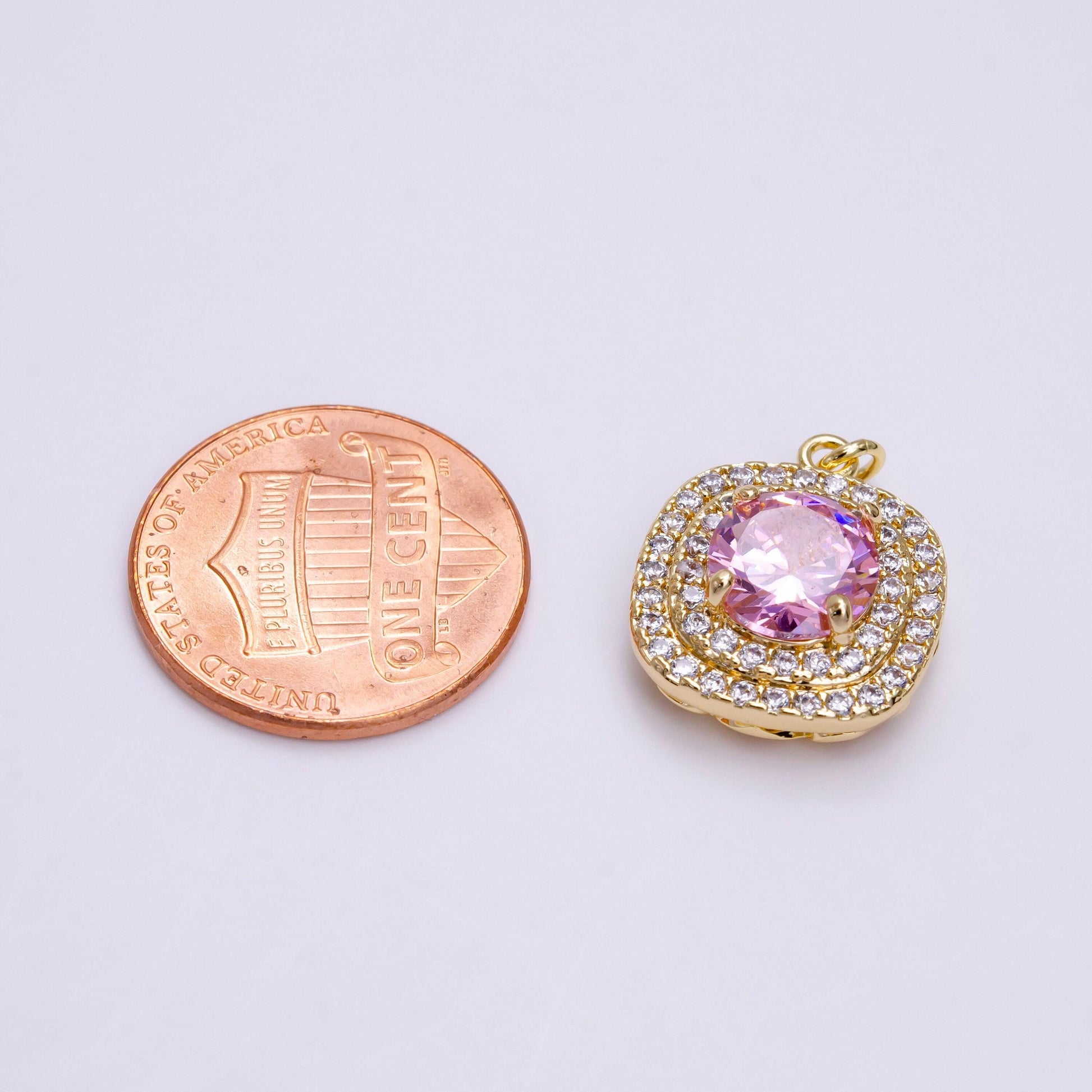 16k gold filled square micro paved round pink cz add-on charm in gold & silver | ac1459 ac1460