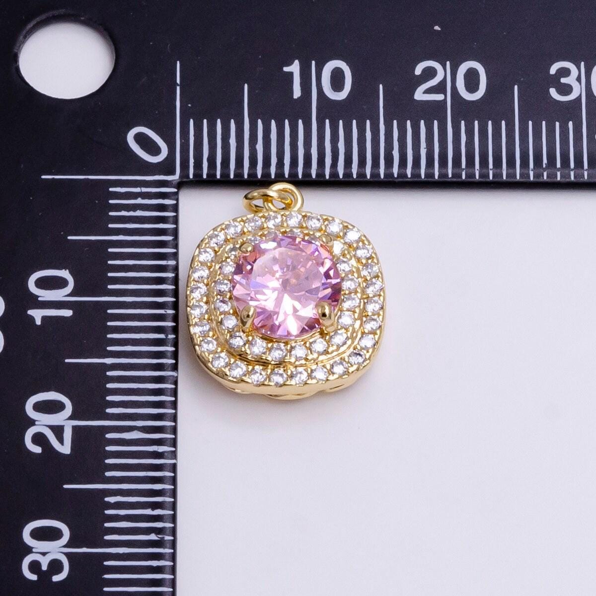 16k gold filled square micro paved round pink cz add-on charm in gold & silver | ac1459 ac1460
