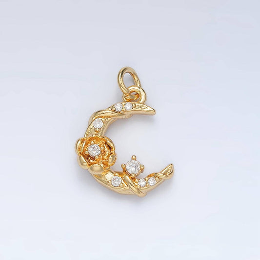 Tiny gold moon charm small crescent moon charm with flower celestial charms 24k gold filled findings ac143