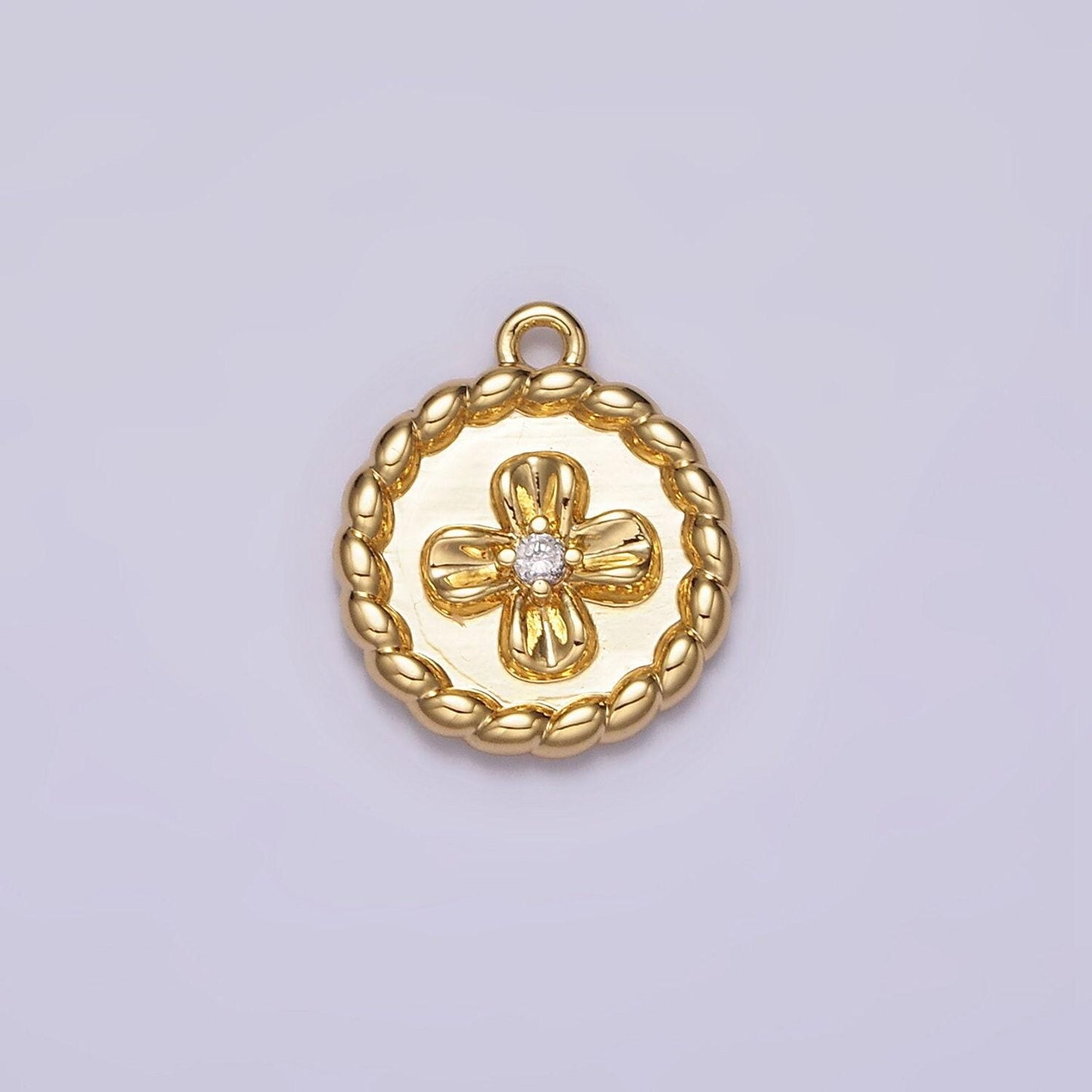 24k gold filled cz flower braided round coin charm | ac1429