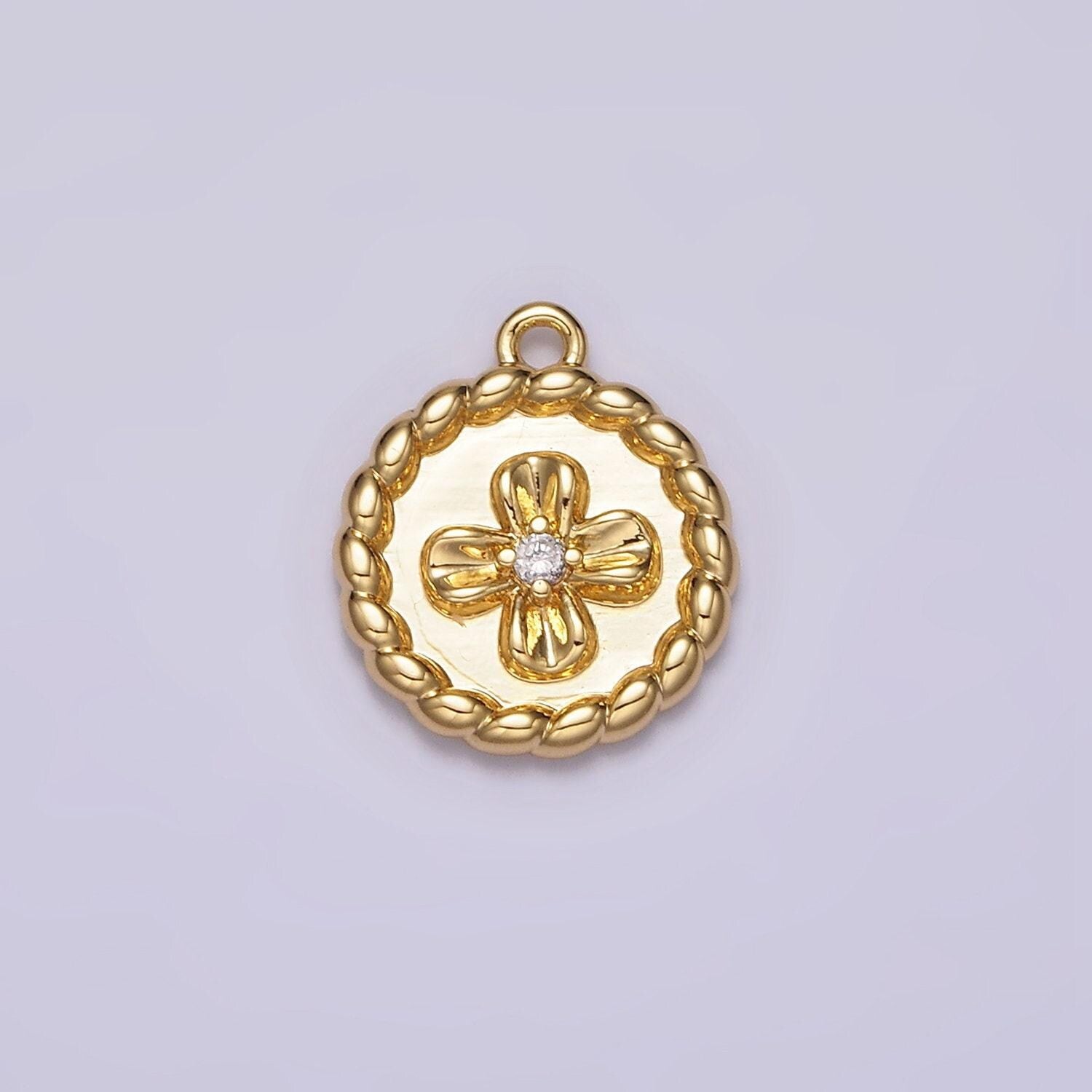 24k gold filled cz flower braided round coin charm | ac1429