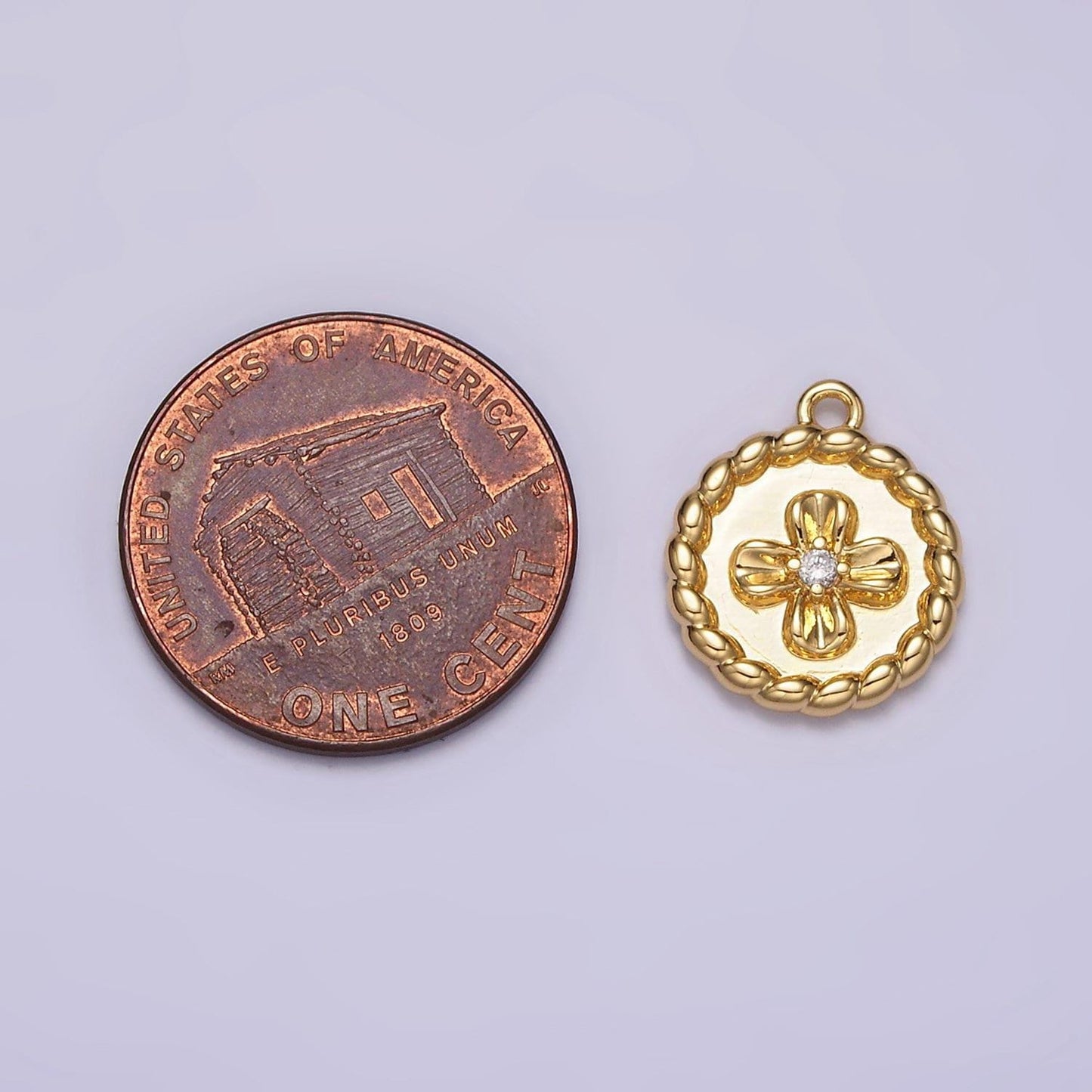 24k gold filled cz flower braided round coin charm | ac1429
