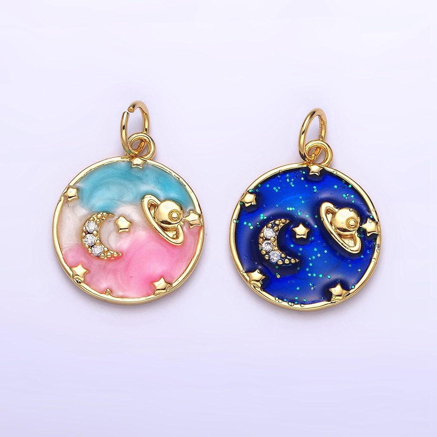 14k gold filled blue, multicolor cotton candy pink enamel galaxy celestial planet stars round charm | ac1412 ac1413