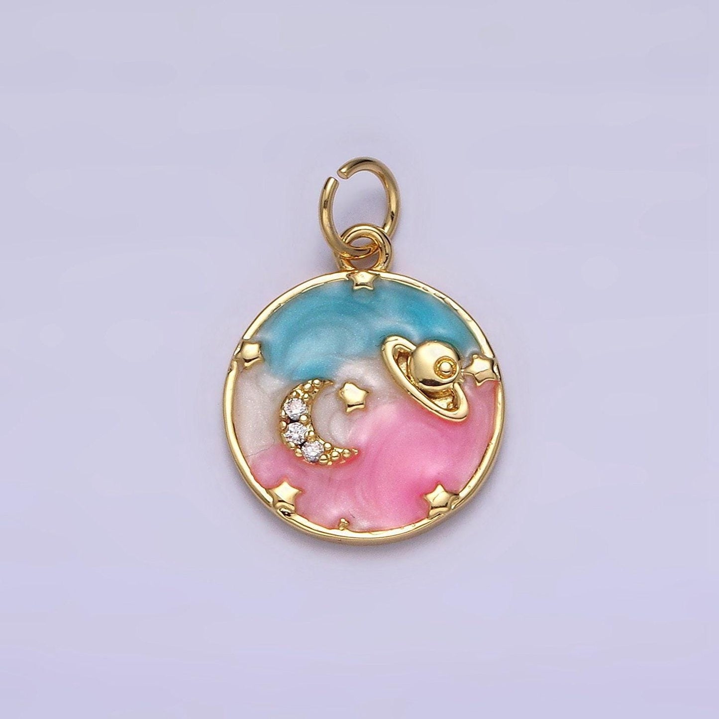 14k gold filled blue, multicolor cotton candy pink enamel galaxy celestial planet stars round charm | ac1412 ac1413