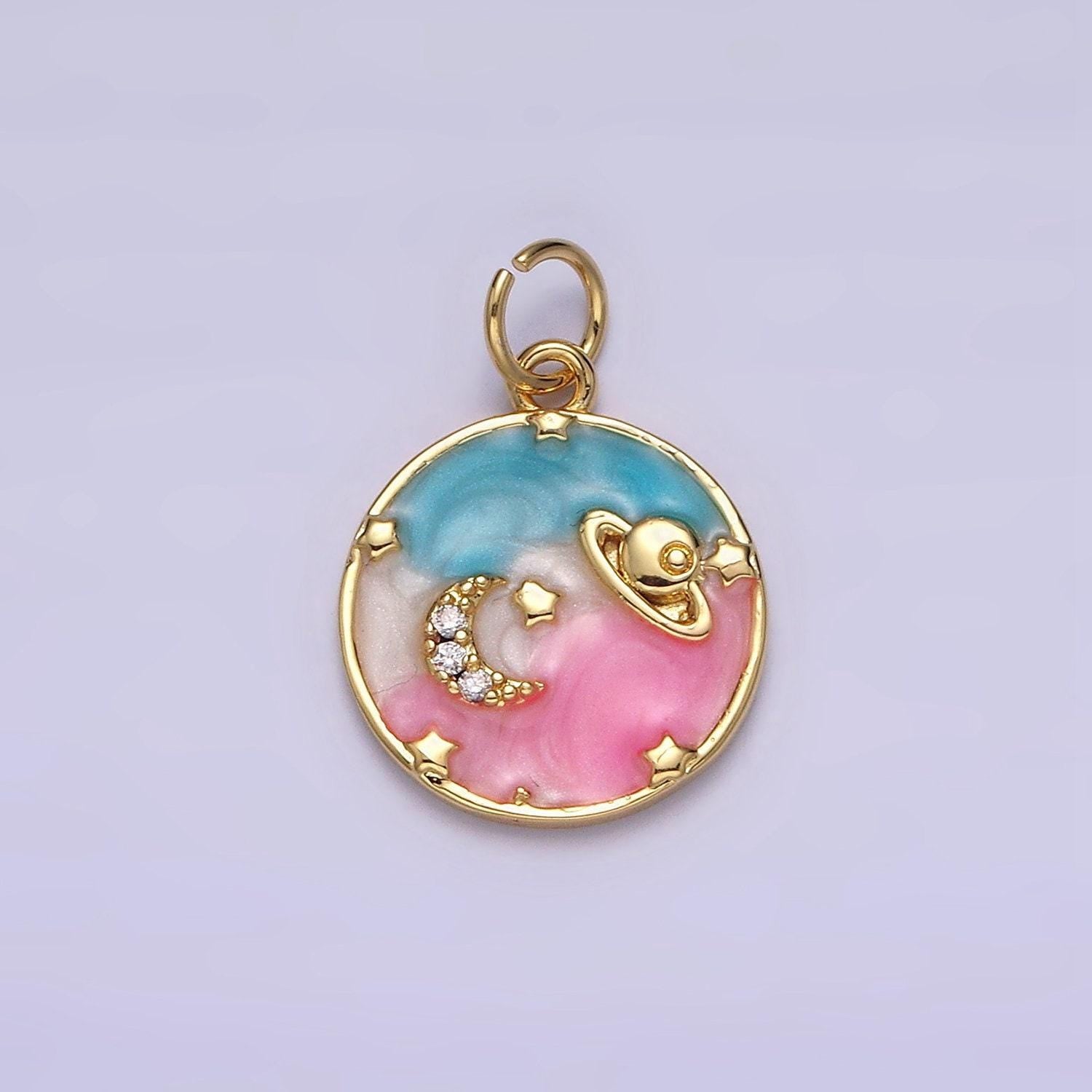 14k gold filled blue, multicolor cotton candy pink enamel galaxy celestial planet stars round charm | ac1412 ac1413