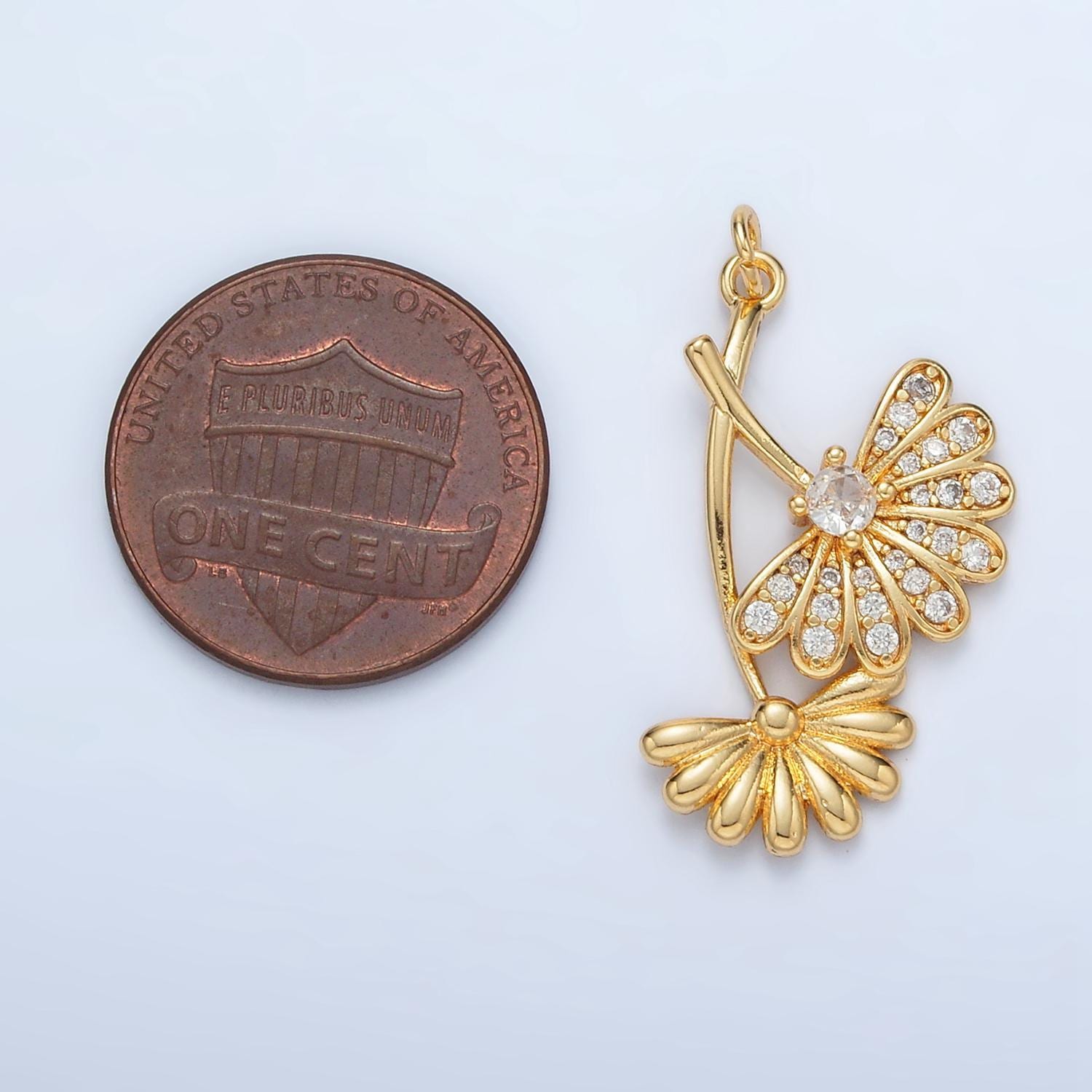 24k gold filled cz micro paved double falling flower charm | ac-140