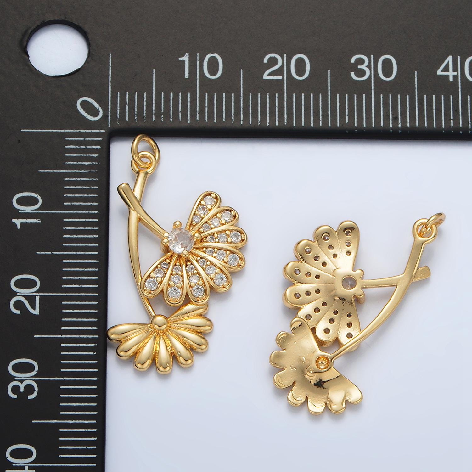 24k gold filled cz micro paved double falling flower charm | ac-140