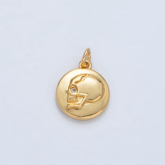 24k gold filled one-sided human skull cz round charm | ac-138