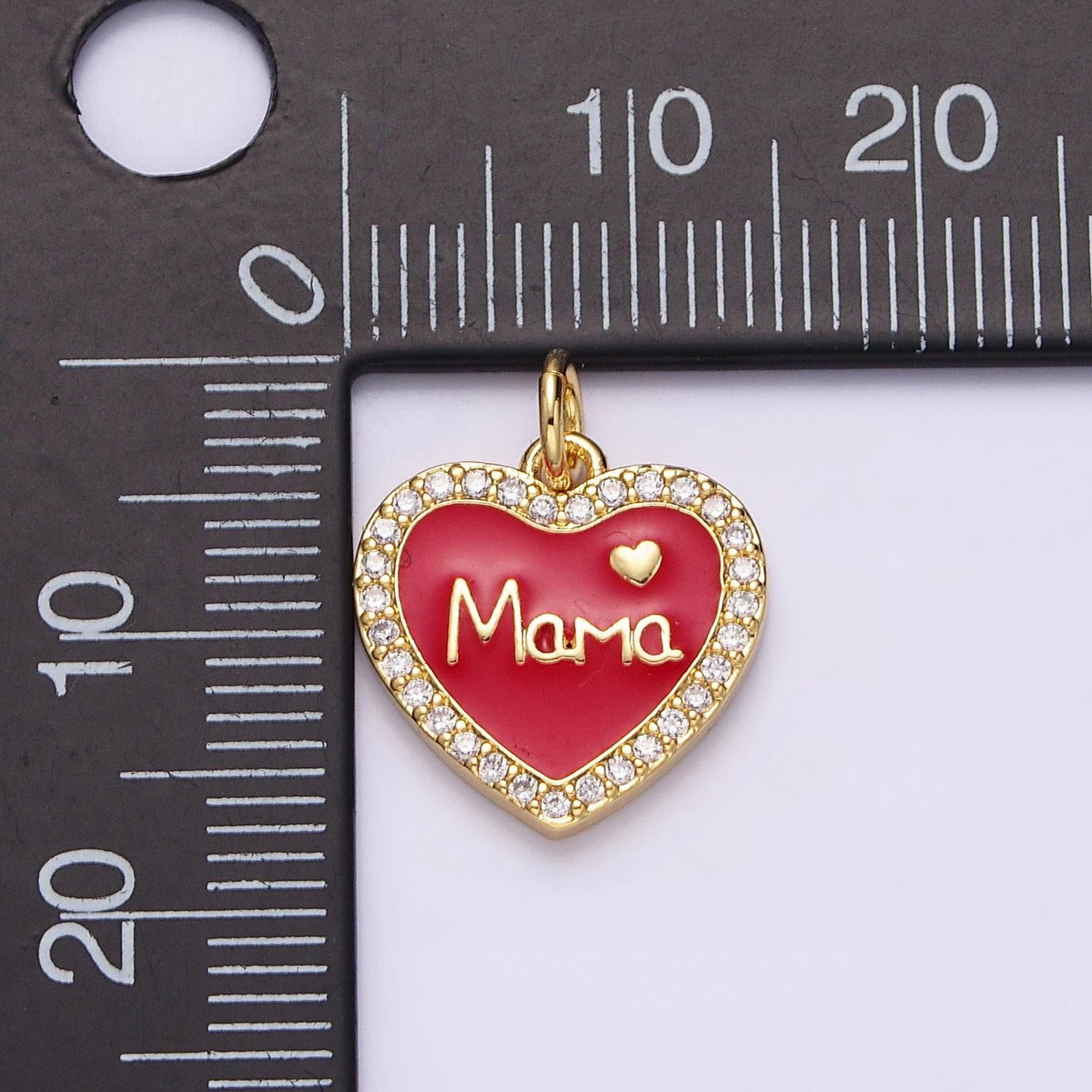 14k gold filled red, white enamel "mama" script micro paved cz heart charm | ac1373 ac1374