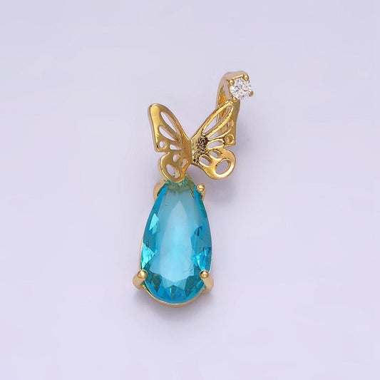 Dainty gold filled butterfly charms blue tear drop cubic zirconia dangle animal charm jewelry inspired for necklace component ac-1371