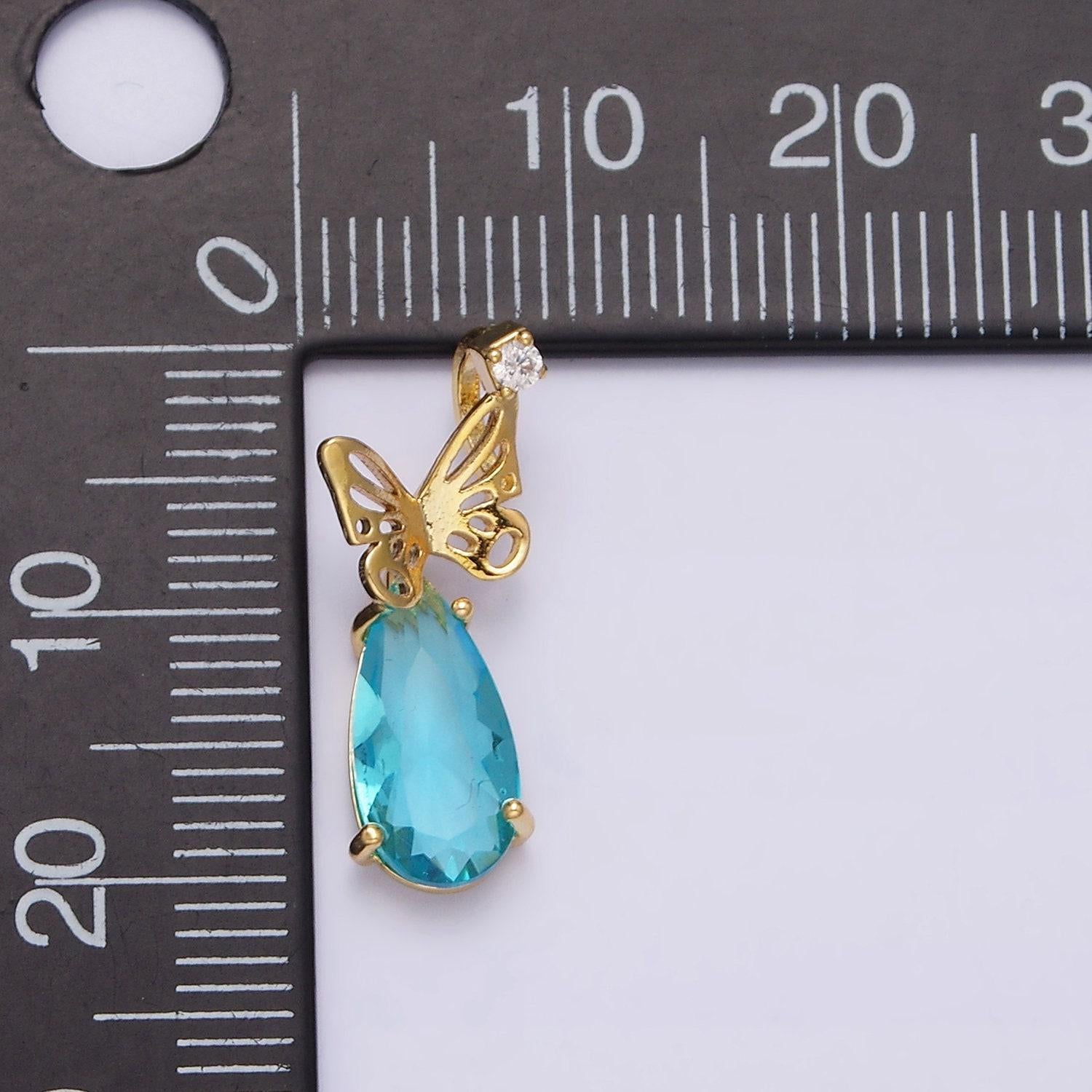 Dainty gold filled butterfly charms blue tear drop cubic zirconia dangle animal charm jewelry inspired for necklace component ac-1371