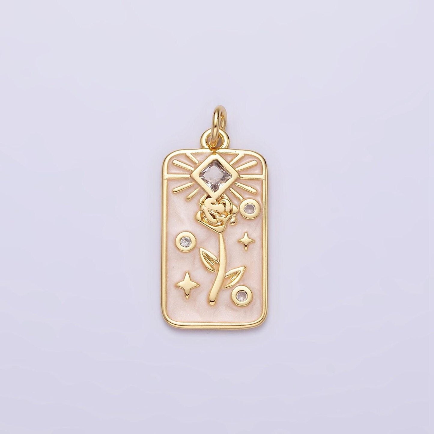 16k gold filled rose flower clear rhombus white, pink, blue sparkly enamel tag charm | ac1362 - ac1367