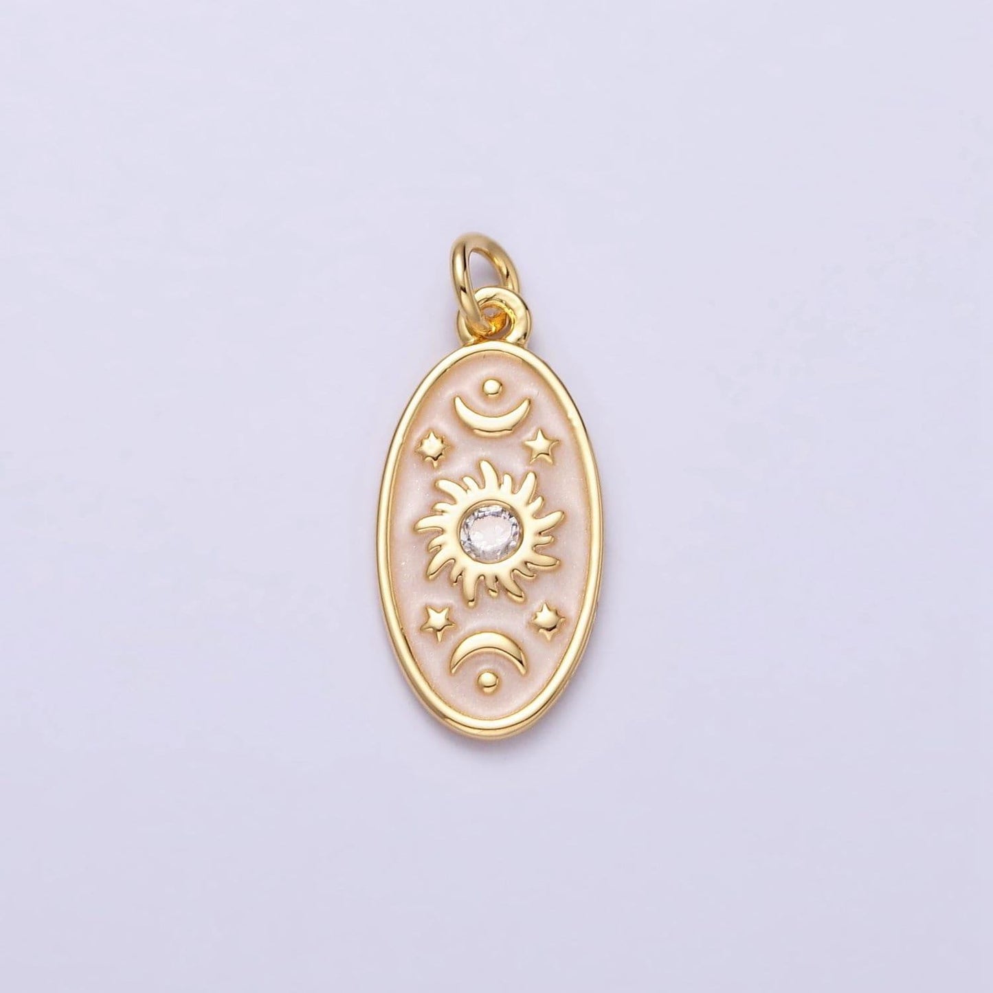 16k gold filled celestial sun star crescent moon white, blue, pink sparkly enamel oval charm in gold & silver | ac1336 - ac1341