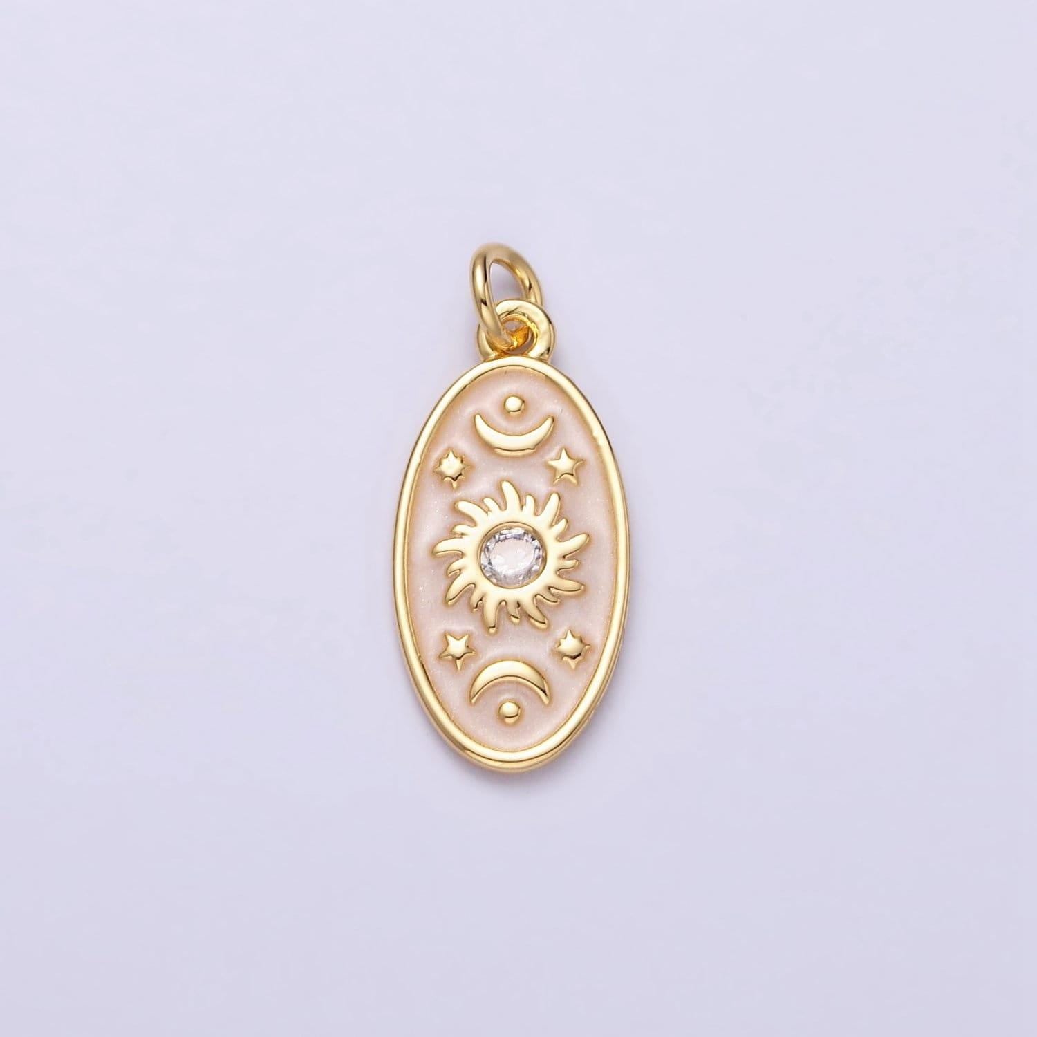 16k gold filled celestial sun star crescent moon white, blue, pink sparkly enamel oval charm in gold & silver | ac1336 - ac1341