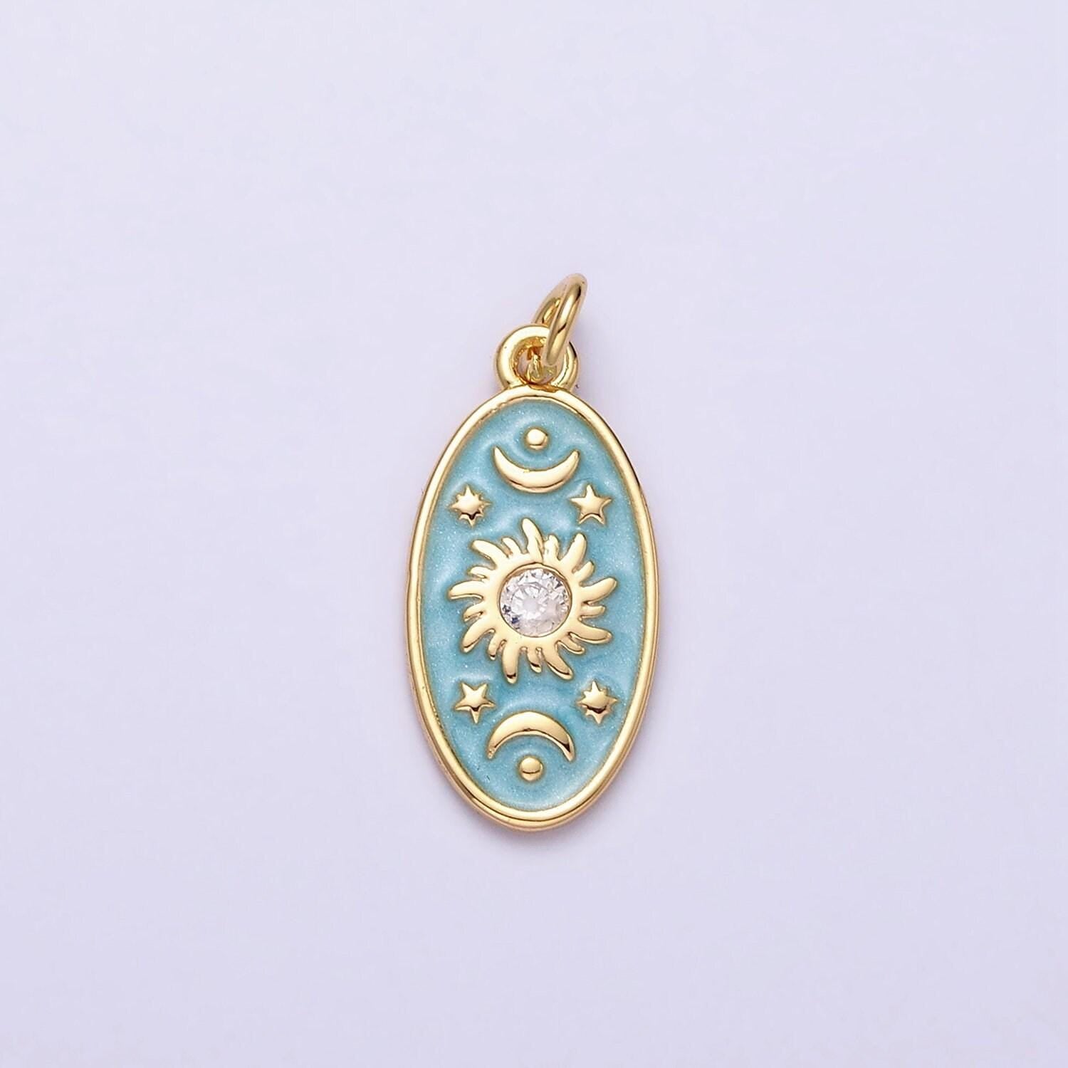 16k gold filled celestial sun star crescent moon white, blue, pink sparkly enamel oval charm in gold & silver | ac1336 - ac1341