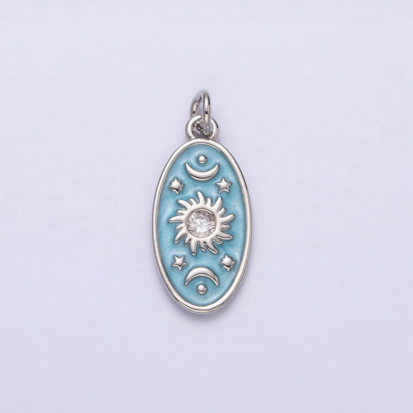16k gold filled celestial sun star crescent moon white, blue, pink sparkly enamel oval charm in gold & silver | ac1336 - ac1341