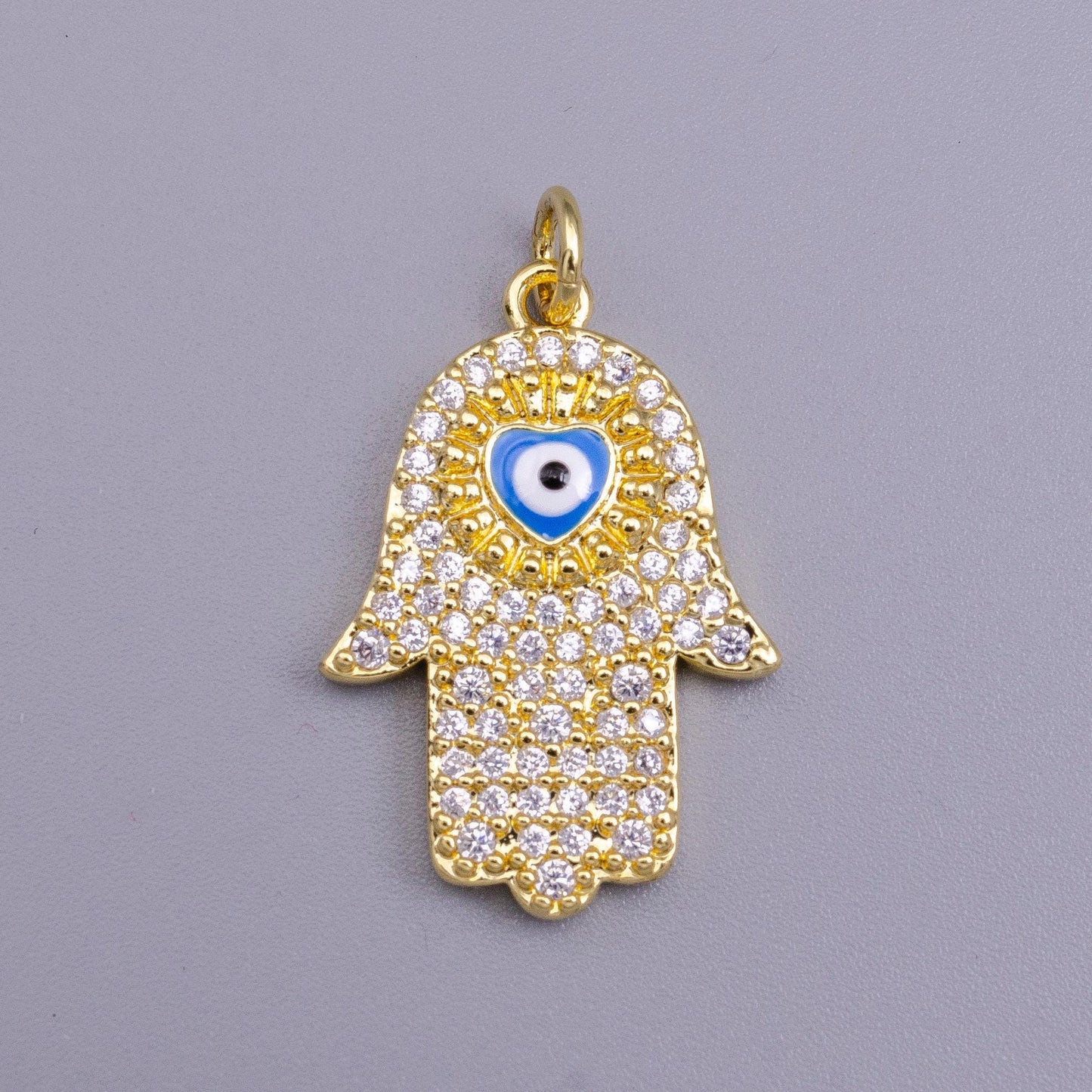 24k gold filled blue, white evil eye enamel micro paved cz hamsa hand charm | ac1334 ac1335
