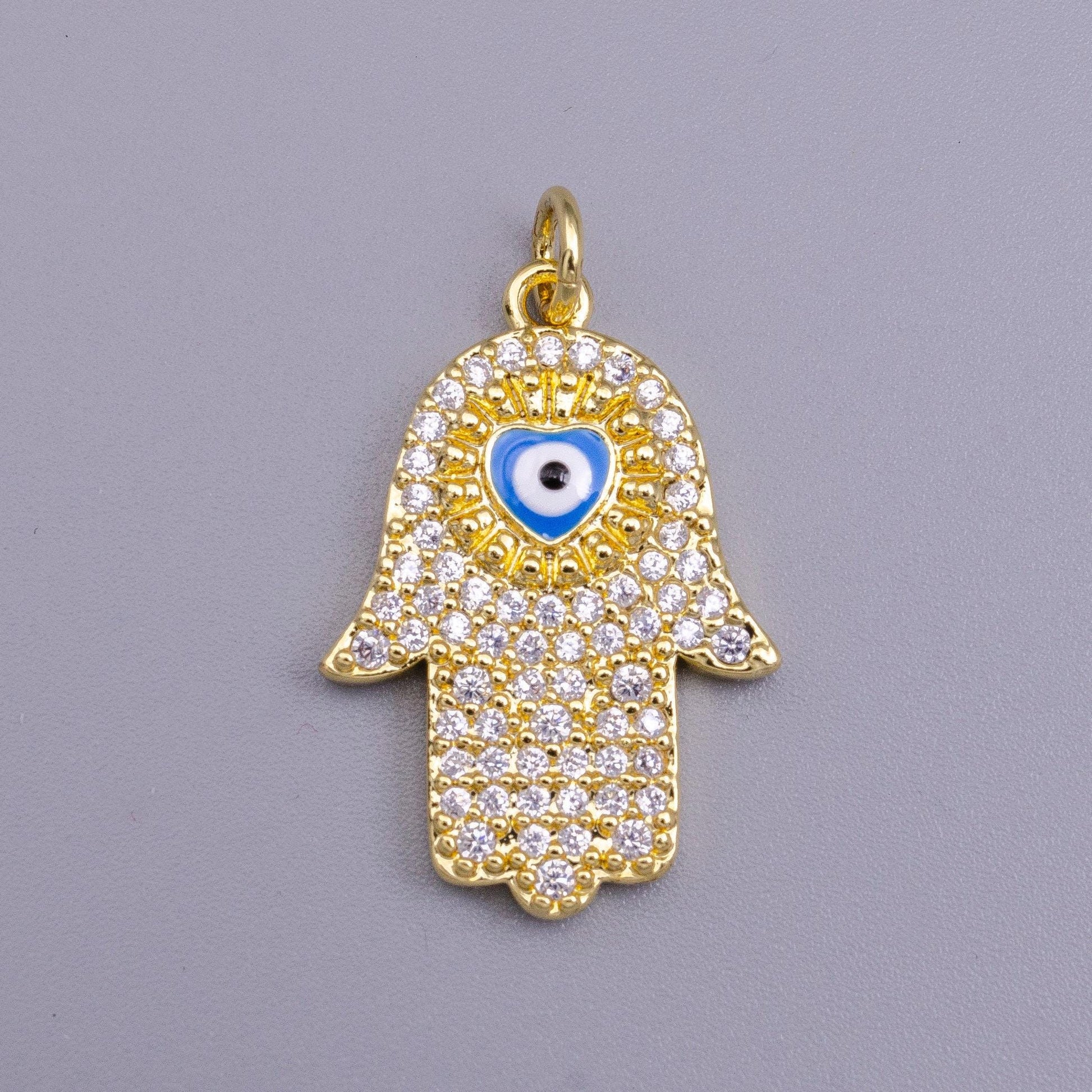 24k gold filled blue, white evil eye enamel micro paved cz hamsa hand charm | ac1334 ac1335