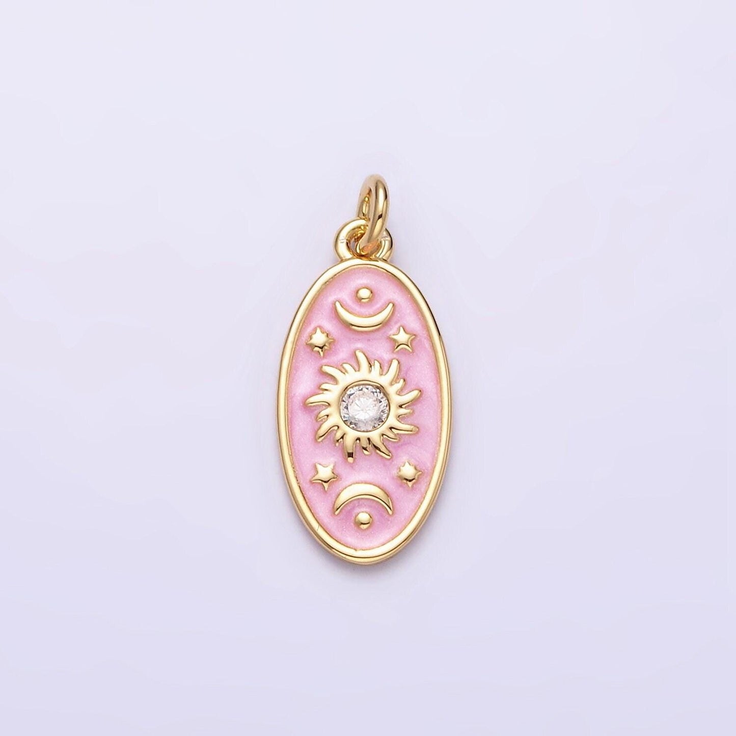 16k gold filled celestial sun star crescent moon white, blue, pink sparkly enamel oval charm in gold & silver | ac1336 - ac1341