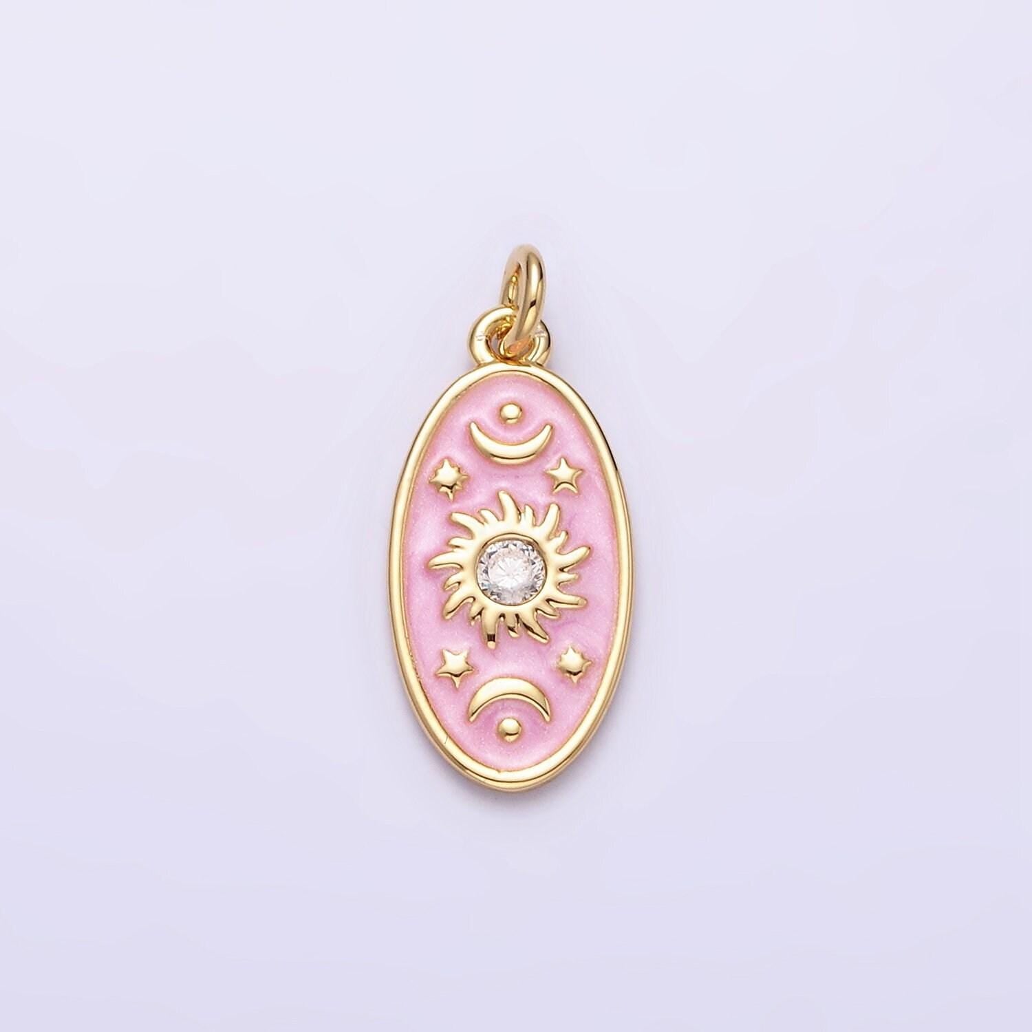 16k gold filled celestial sun star crescent moon white, blue, pink sparkly enamel oval charm in gold & silver | ac1336 - ac1341