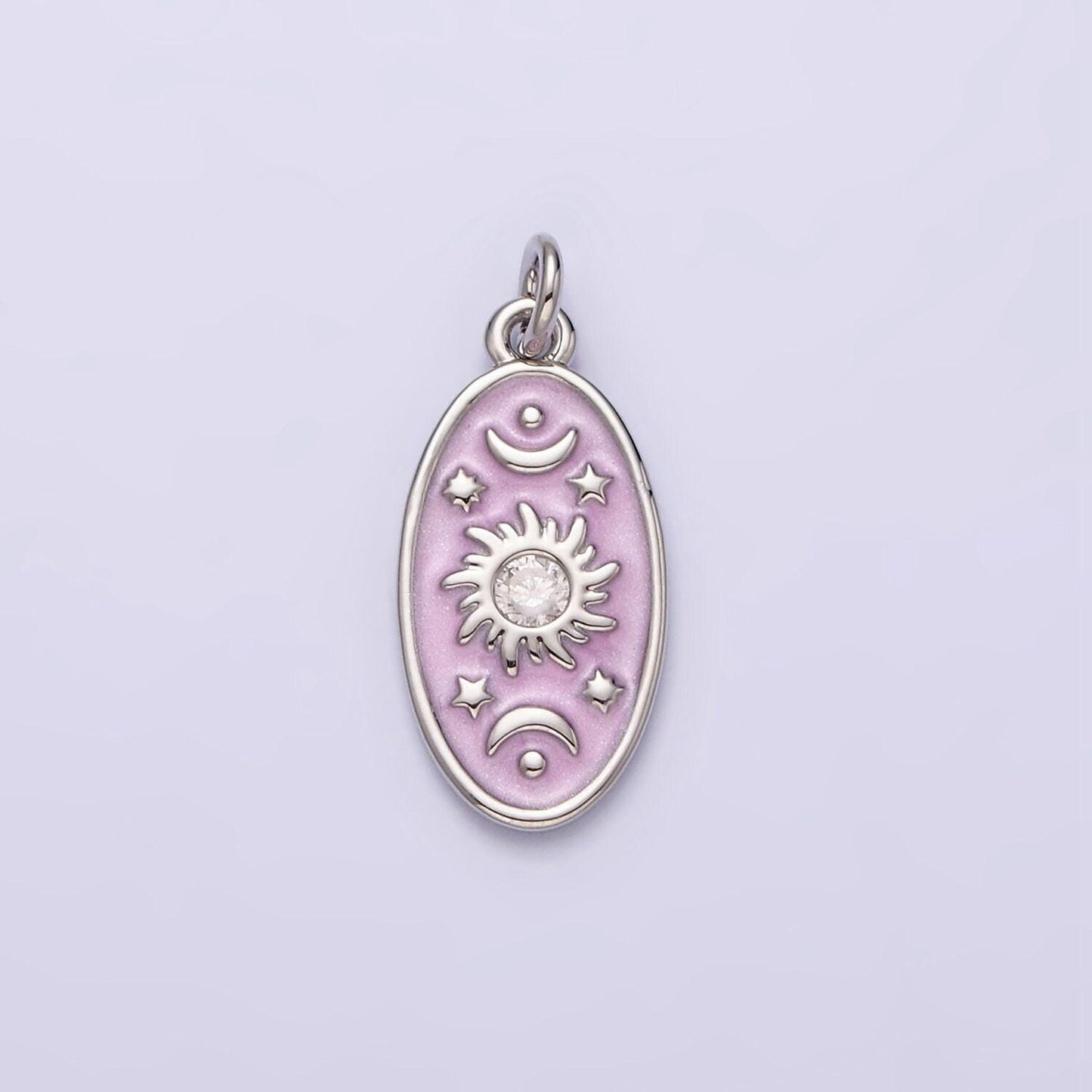 16k gold filled celestial sun star crescent moon white, blue, pink sparkly enamel oval charm in gold & silver | ac1336 - ac1341