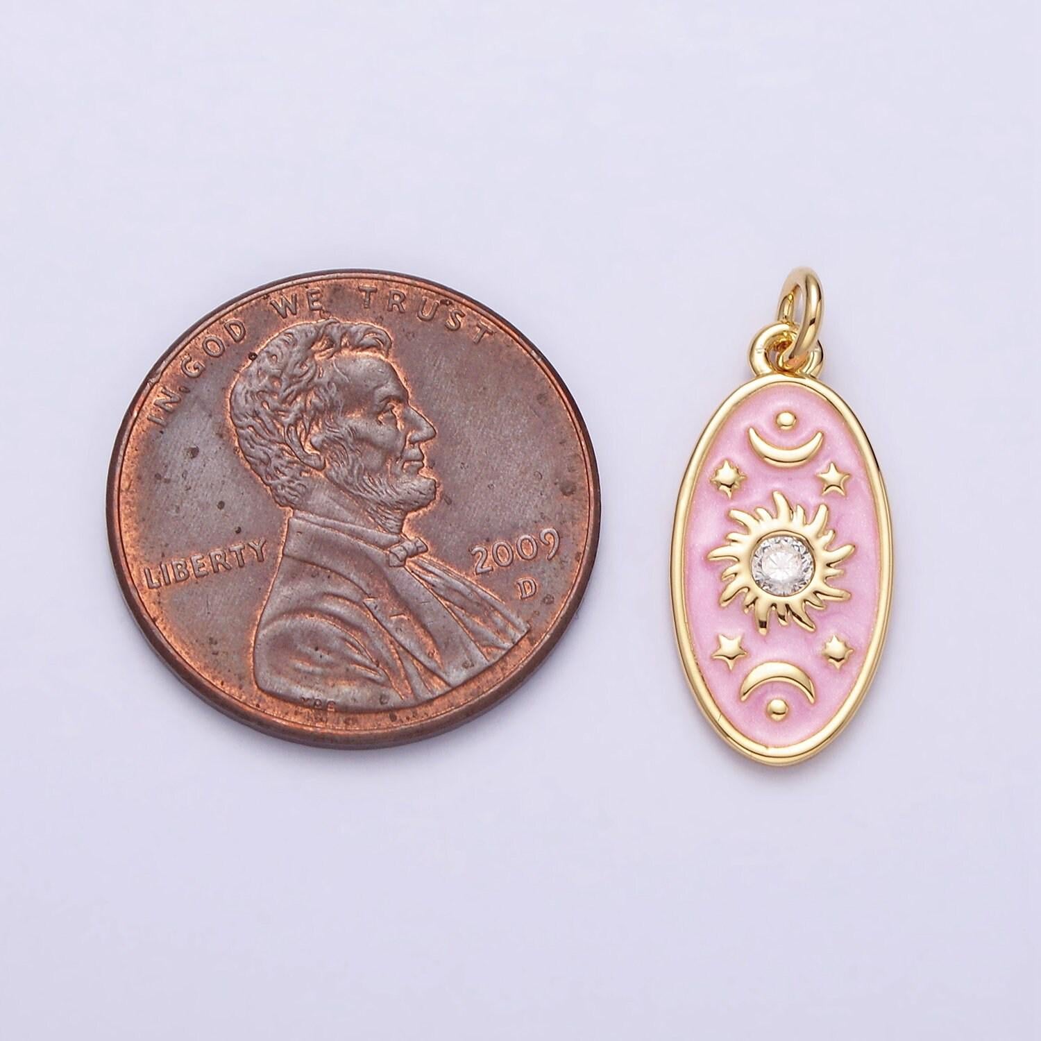 16k gold filled celestial sun star crescent moon white, blue, pink sparkly enamel oval charm in gold & silver | ac1336 - ac1341