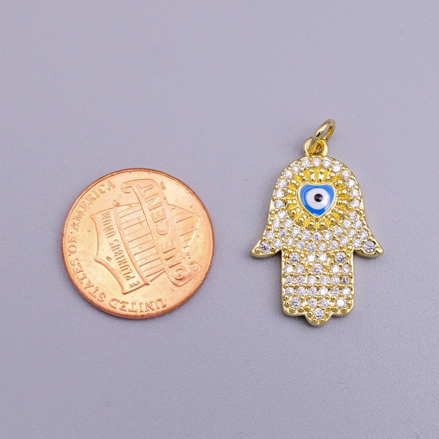 24k gold filled blue, white evil eye enamel micro paved cz hamsa hand charm | ac1334 ac1335