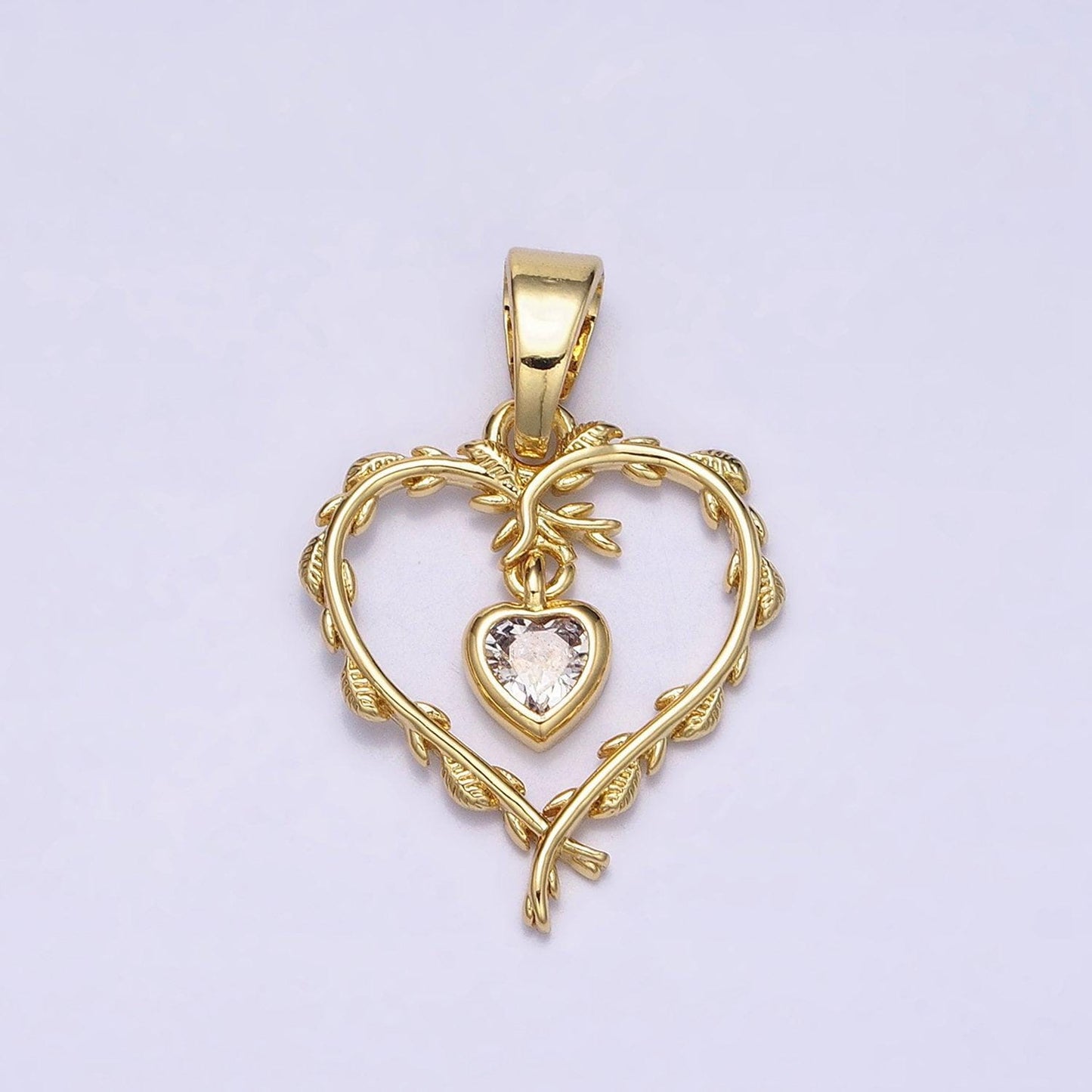 Dainty 16k gold filled clear heart cz olive vine leaf open pendant for necklace bracelet component | ac1326
