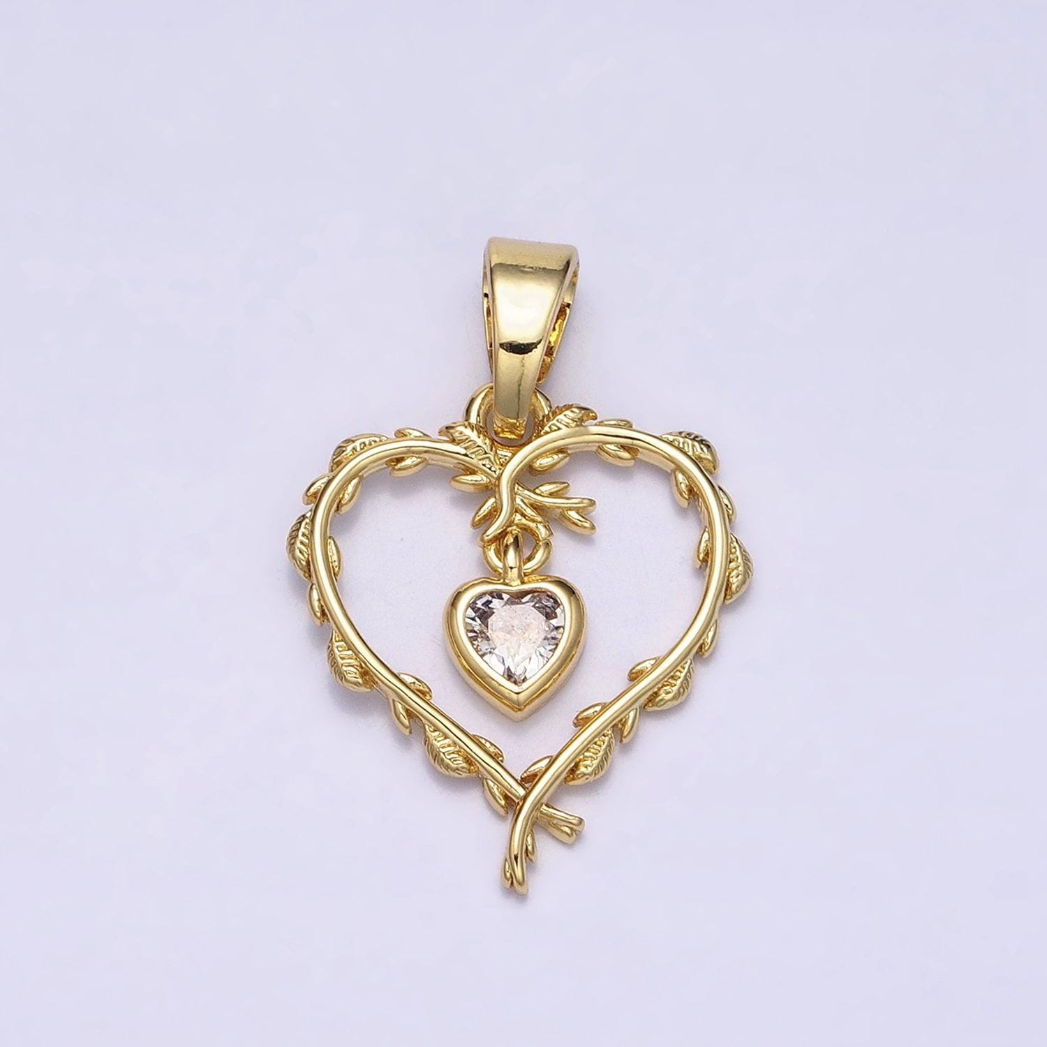 Dainty 16k gold filled clear heart cz olive vine leaf open pendant for necklace bracelet component | ac1326
