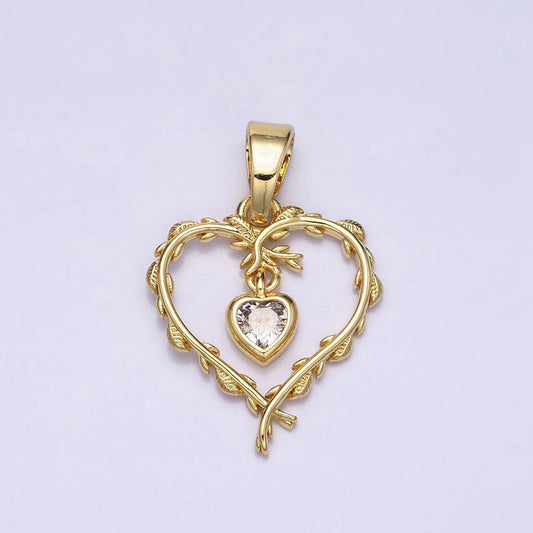 Dainty 16k gold filled clear heart cz olive vine leaf open pendant for necklace bracelet component | ac1326