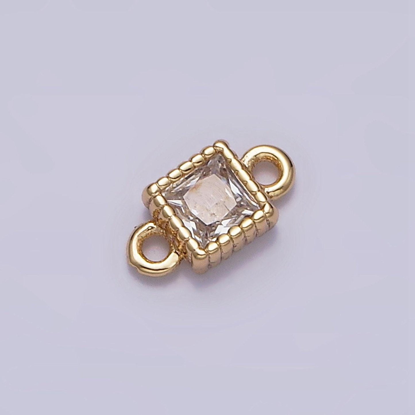 Mini square charm 16k gold filled 4mm clear square cz dotted bezel link connector connector in gold & silver |
